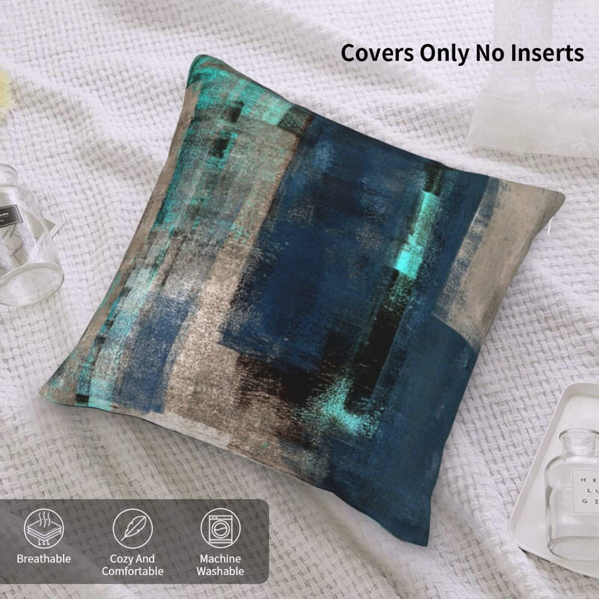 DATANSEN Soft Velvet Abstract Art Cushion Covers (2 Pack) – Blue Teal Beige 45x45 Cm For Sofa & Bedroom Decor
