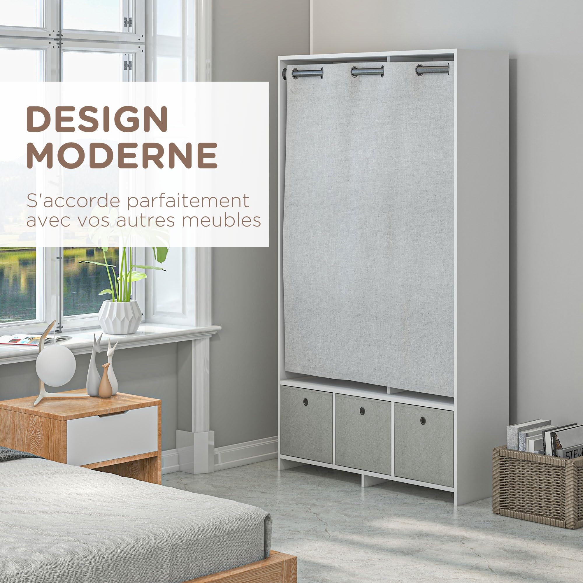 HOMCOM Armoire penderie, Dressing avec Rideau, Armoire Chambre vêtement, Garde-Robe avec Tringle, 3 Compartiments et 3 tiroirs en Tissu Amovibles - 105 x 48 x 160 cm, Blanc