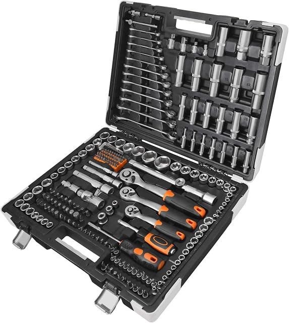 VonHaus Socket Set Comprising - Socket Wrench, Sockets, Extension Bars, Ratchets and Torx - Wrench Set and Screwdriver Bit Sets with Carry Case - 215-Piece Ratchet Set with Drill Bits