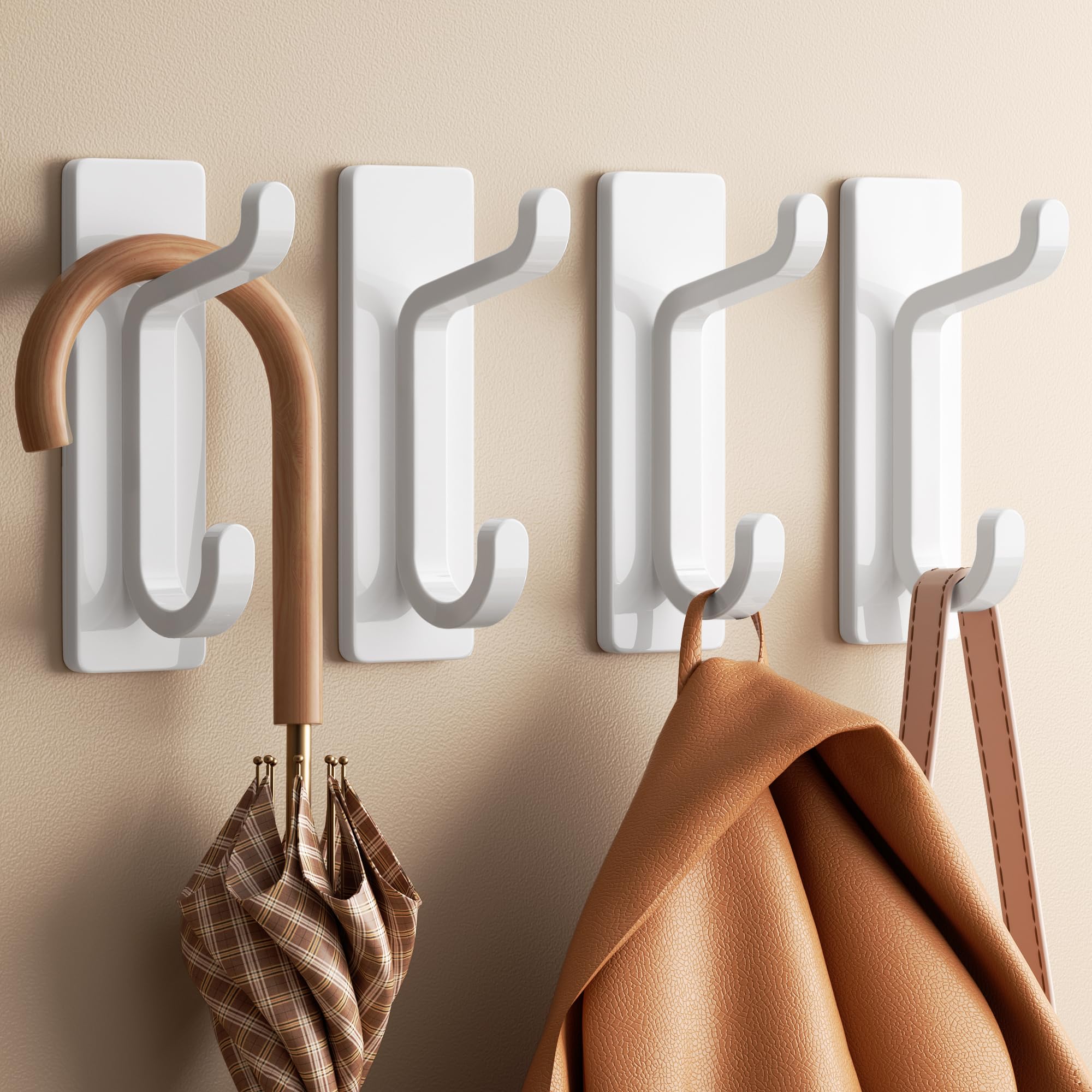 Stick on Hooks for Hanging: Extra Srong 6KG (Max), Coat Hook on Door for Towel Coat Hat Key, Heavy Duty, Self Adhesive Hangers Wall Mounted, White 4 Pack
