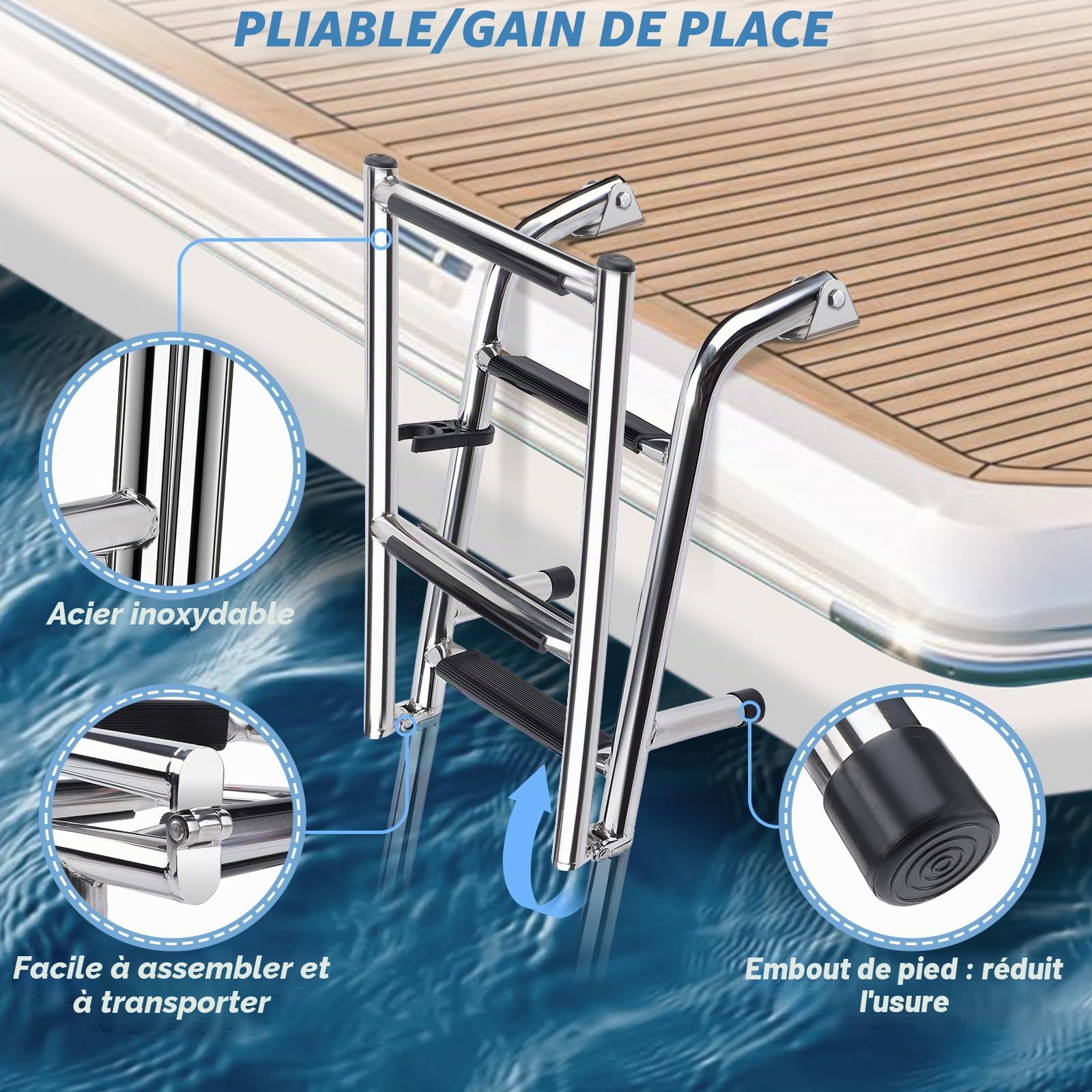 Échelle de Bateau à 4 Marches, Échelle de Pont de Natation Echelle Piscine Hors Sol INOX Pliable pour Bateau, Yacht, Piscine