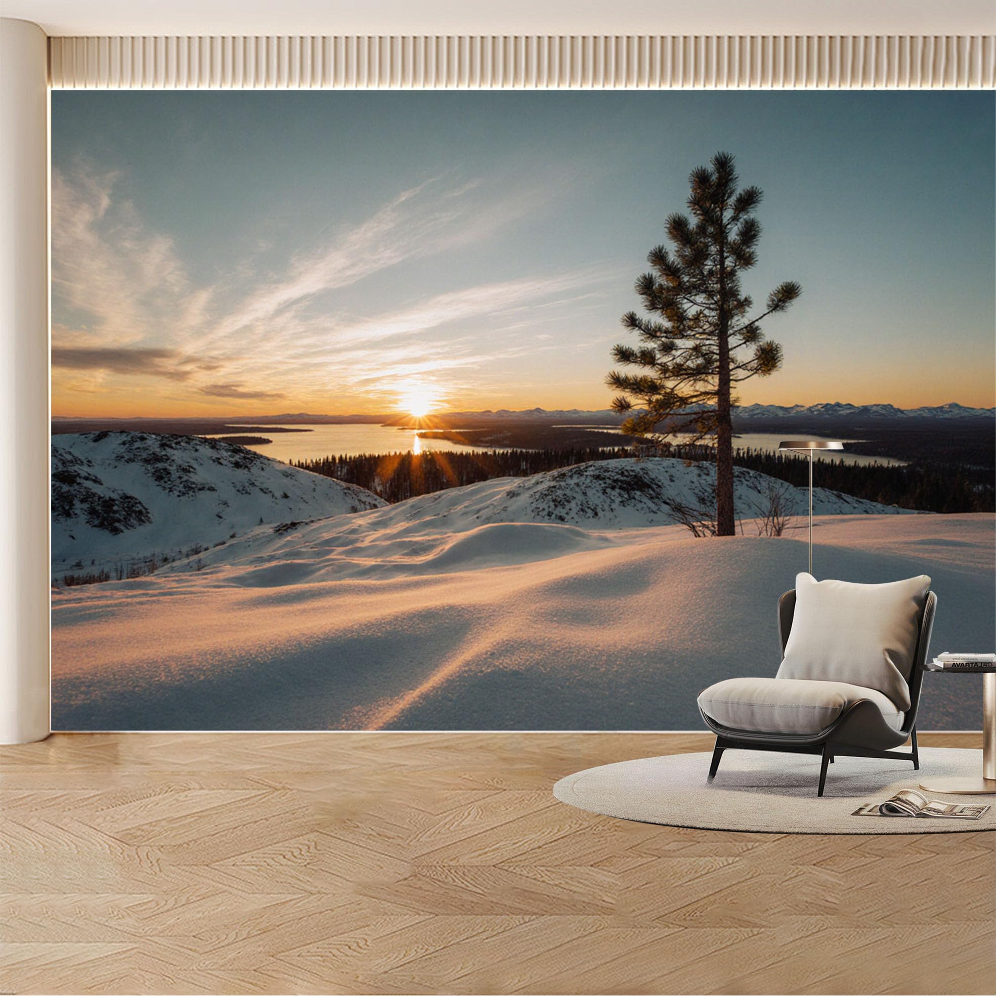 Custom Wall Mural Wallpaper Snowy Mountain Pine Tree Landscape Nature Large Wall Art Sunset Minimalist Removable SelfAdhesive Large Photo for Living Room， Bedroom， Office