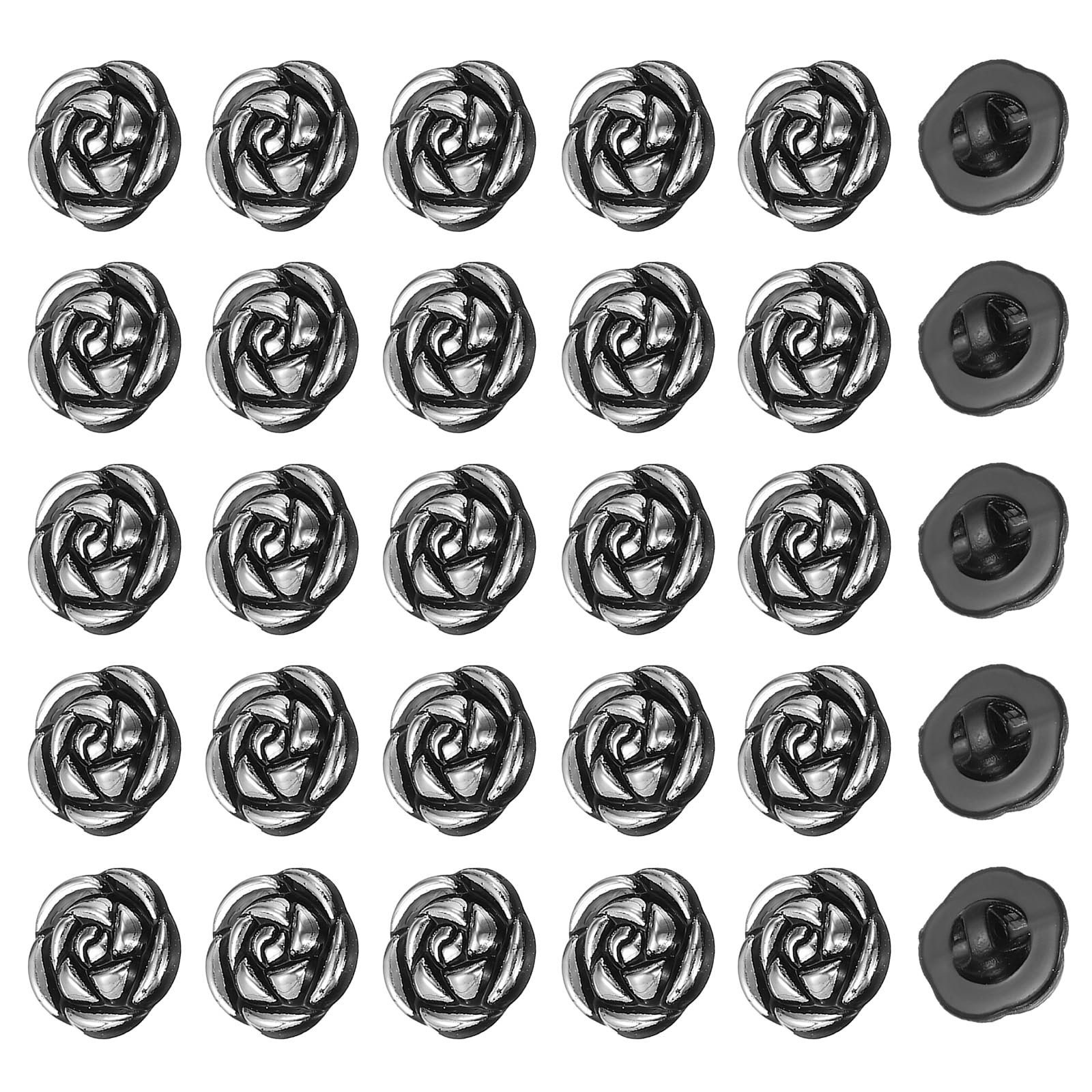 PATIKIL 30Pcs Rose Flower Buttons, 13mm 1/2" Acrylic Cute Buttons for Clothes Decorative Sewing Accessories for DIY Crafts Shirts Blouse Sweaters, Black/Silver