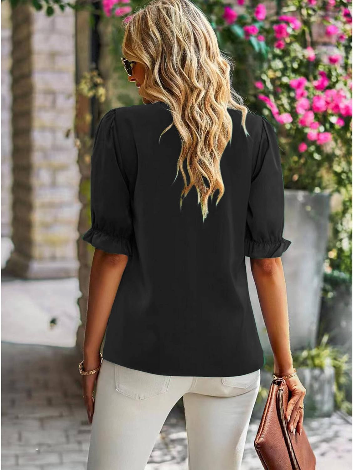 ZILIN Women's Summer Boho Floral Shirt Top Ruffle Mock Neck Puff Short Sleeve 2026 Casual Blouses - Image 5