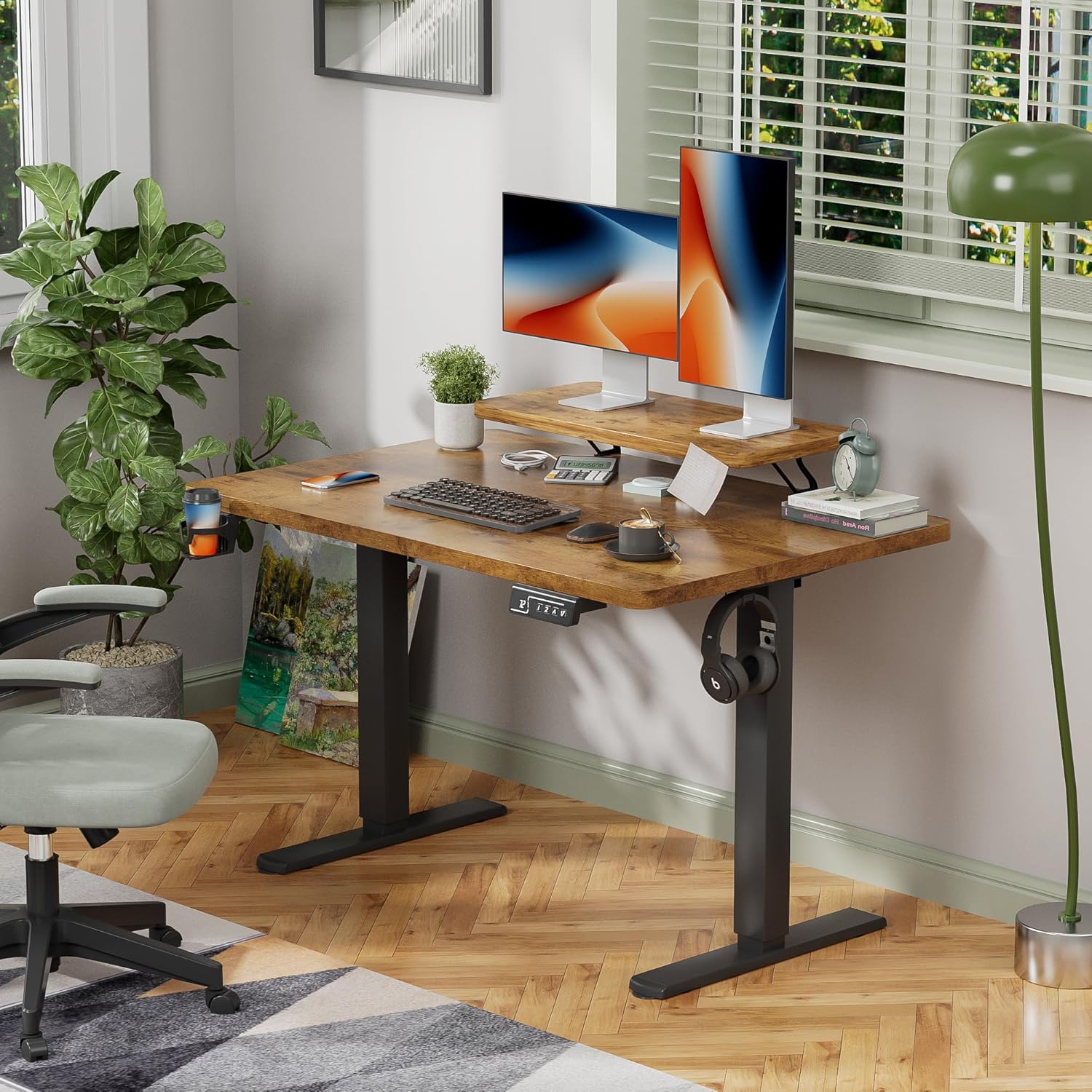 Shahoo Electric Standing Desk with Monitor Shelf, 47 x 24 Inches Height Adjustable Corner Table, Computer Workstation with Cup Holder and Hook for Home Office, Brown, 47x24 Inch, Rustic Brwon