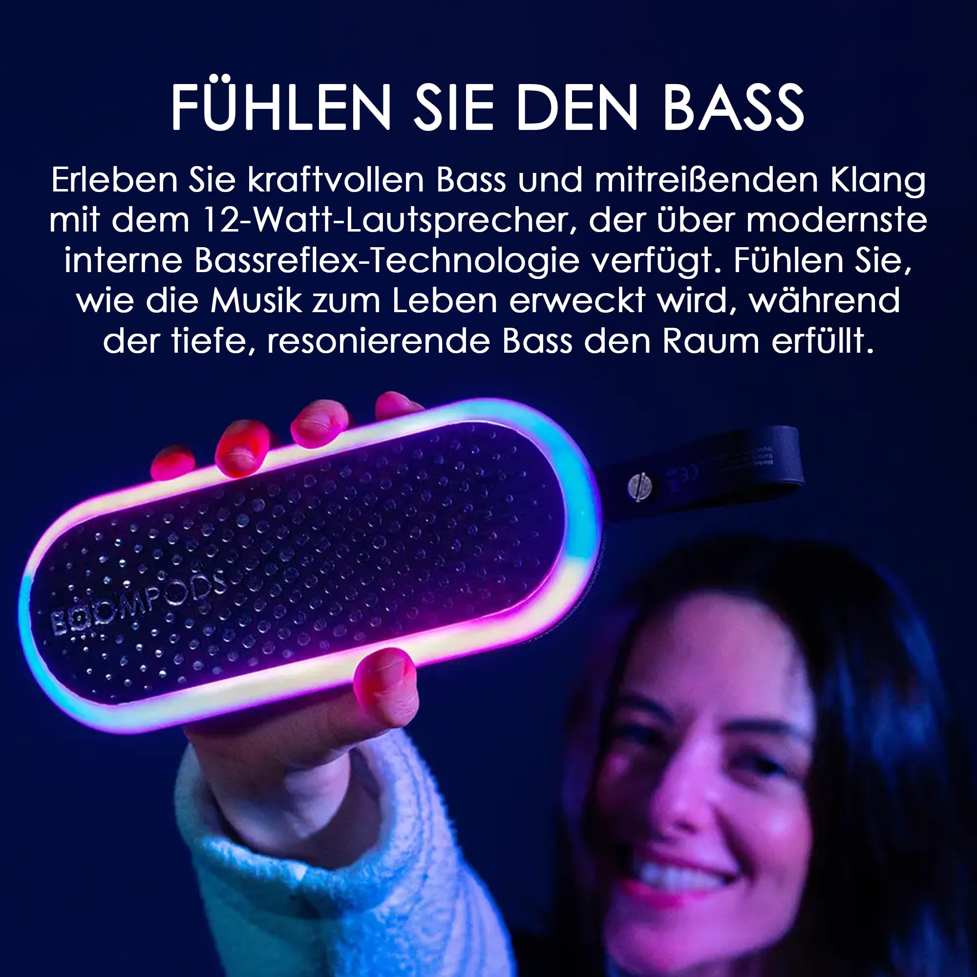 Boompods Halo Kleiner Bluetooth Lautsprecher - Tragbarer Outdoor Lautsprecher mit Mikrofon, IPX6 Wasserdicht und 5 Std. Spielzeit, Kabelloser Party Musikbox mit LED-Lichtshow für Reise und Party