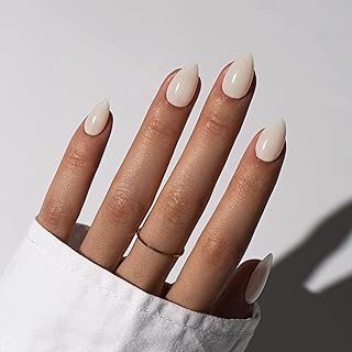 KQueenest Milky White Press On Nails Short - Acrylic Press On Nails Almond, Sheer Short Fake Nails Beige, Glossy Opaque, Stiletto Reusable Soft Gel Glue on Nails for Women, 30 Pcs