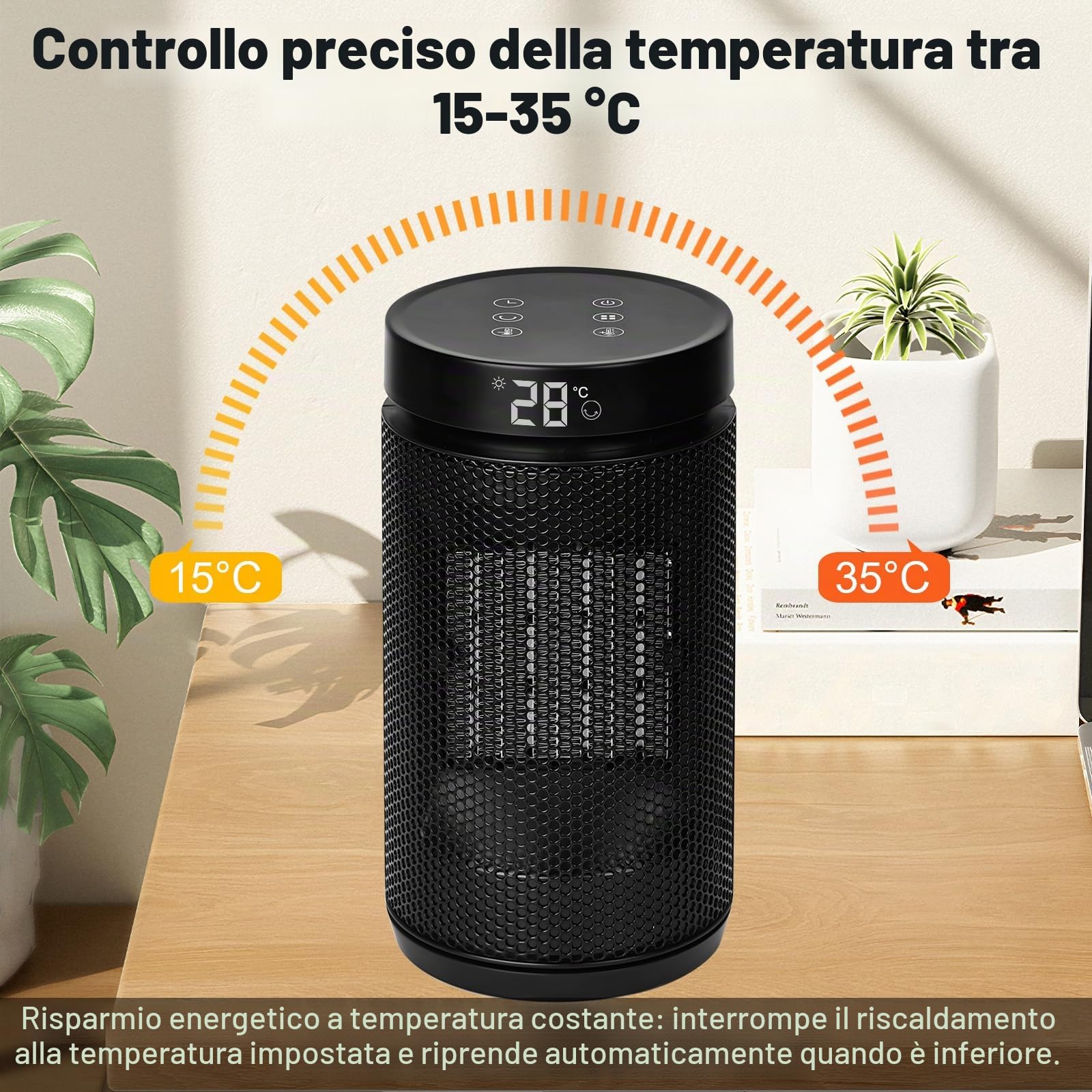 Stufetta Elettrica Basso Consumo 2000W, 3 Modalità, Modalità ECO Stufa Elettrica Basso Consumo 70° Oscillazione, Timer 12H, Telecomando, Protezione da Ribaltamento per Uso Interno