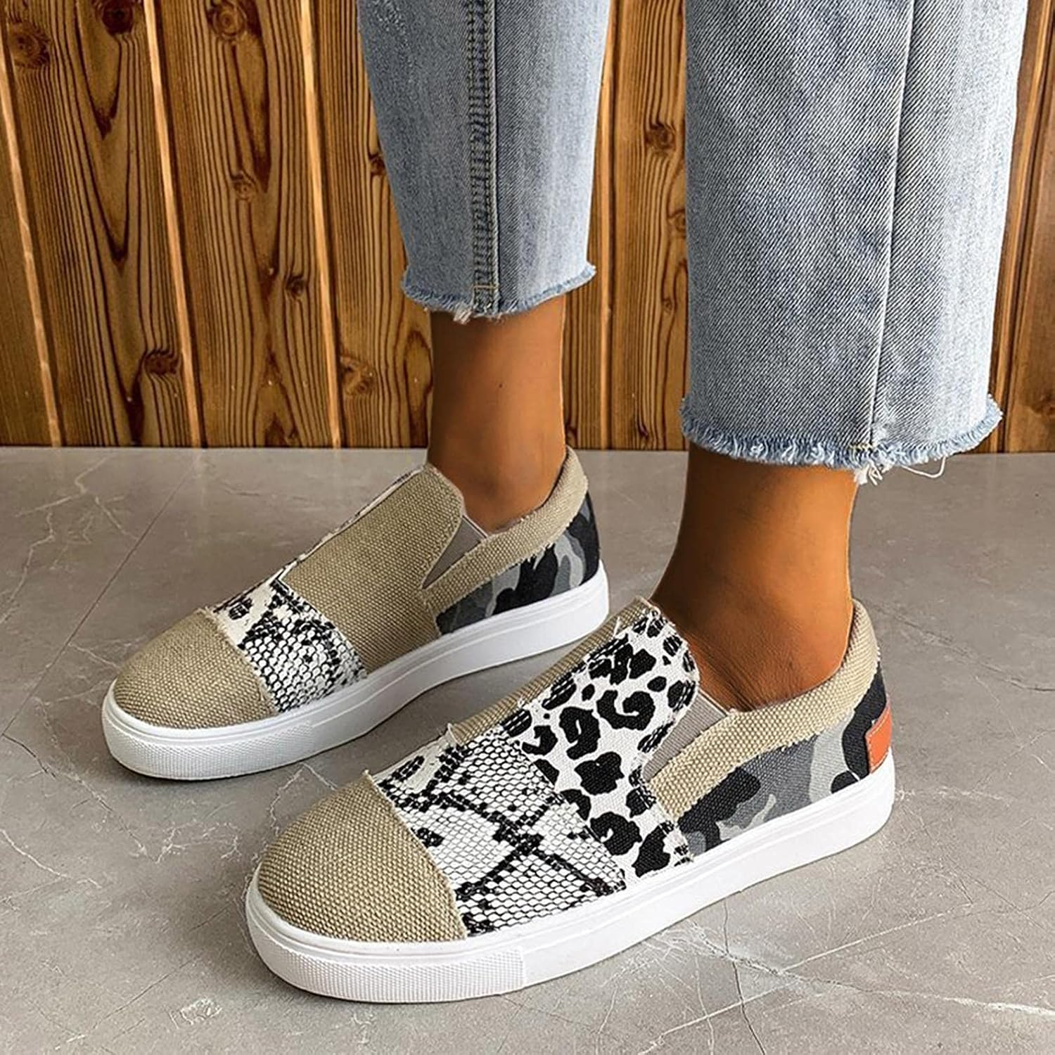 Hbeylia Platform Fashion Sneakers For Women Leopard Design Casual Low Top Canvas Shoes Trendy Chunky Bottom Heels Slip On Flats Loafers Driving Walking Shoes For Ladies - Image 3