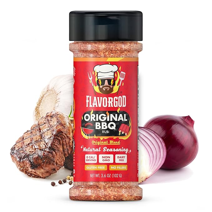 Original BBQ Rub Mix by Flavor God - Premium All Natural & Healthy Spice Blend for Grilling Chicken, Wings, Beef, Pork, Bacon, Eggs, Seafood, Vegetables, Salad, Tacos, Pizza - Kosher, Gluten-Free, Dairy-Free, Vegan Steak Rub