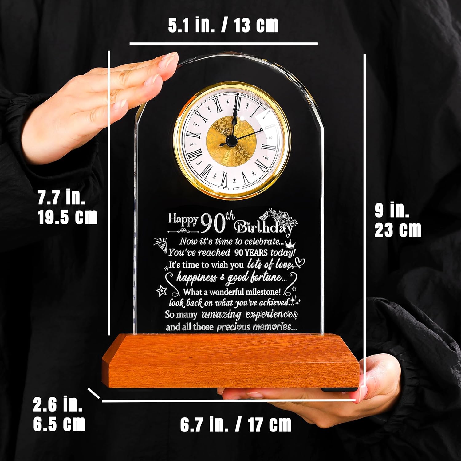Happy 90th Birthday Glass Quartz Clock Gifts for Men Women, 90 Year Old Birthday Present for Parents, Grandma, Grandpa, 90th Birthday Clock Keepsake with Wooden LED Light Base