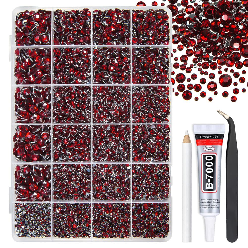 qiipii Dark Red Crystal Resin Rhinestones w B7000 Glue for Bedazzling Crafting 2mm-6mm Maroon Flatback Stones Diamonds Crystals Gems for Nails Face