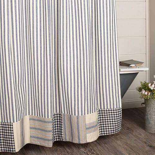 Piper Classics Doylestown - Cortina de ducha azul con borde de bloque, 72 x 72 pulgadas, cuadros azules y crema, saco de grano y rayas de