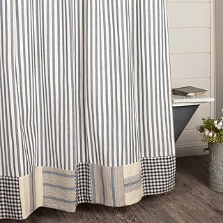 Piper Classics Doylestown Blue Ticking Shower Curtain w/Block Border, 72x72, Blue & Cream Checks, Grain Sack and Ticking Stripes, Rustic Farmhouse, Country, Cottage Bathroom