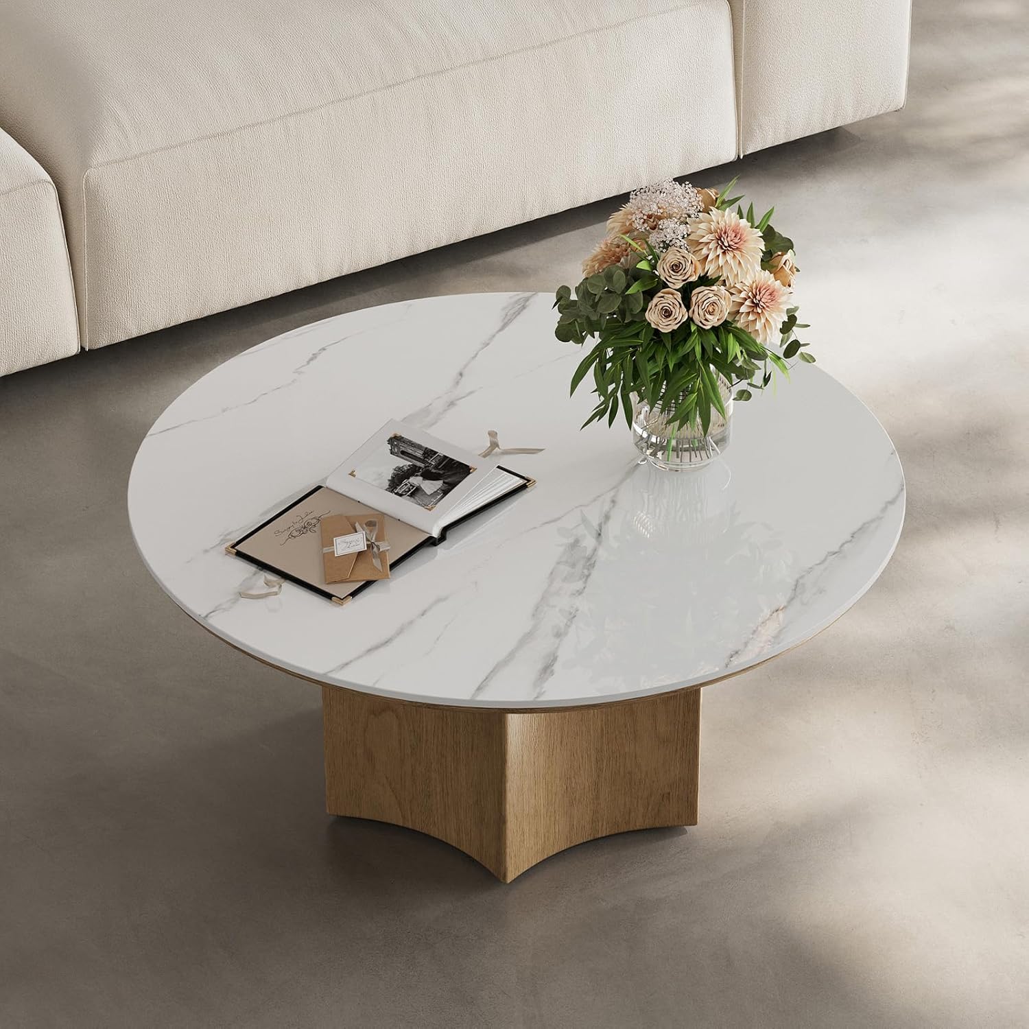 35.43" Modern Round Coffee Table for Living Room, Natural Sintered Stone Living Room Table with Wood Hexagon Base, Circle Tea Center Table for Home Office