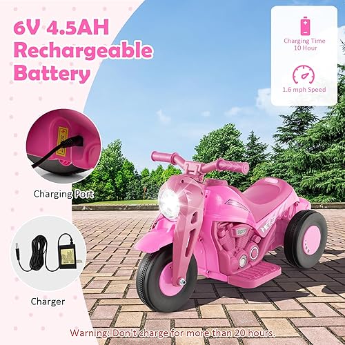 Miniatura 5 de HONEY JOY Motocicleta rosa de 6 V para niños pequeños con fabricante de burbujas, luz LED, música, pedal de pie, adelanteatrás, motocicleta