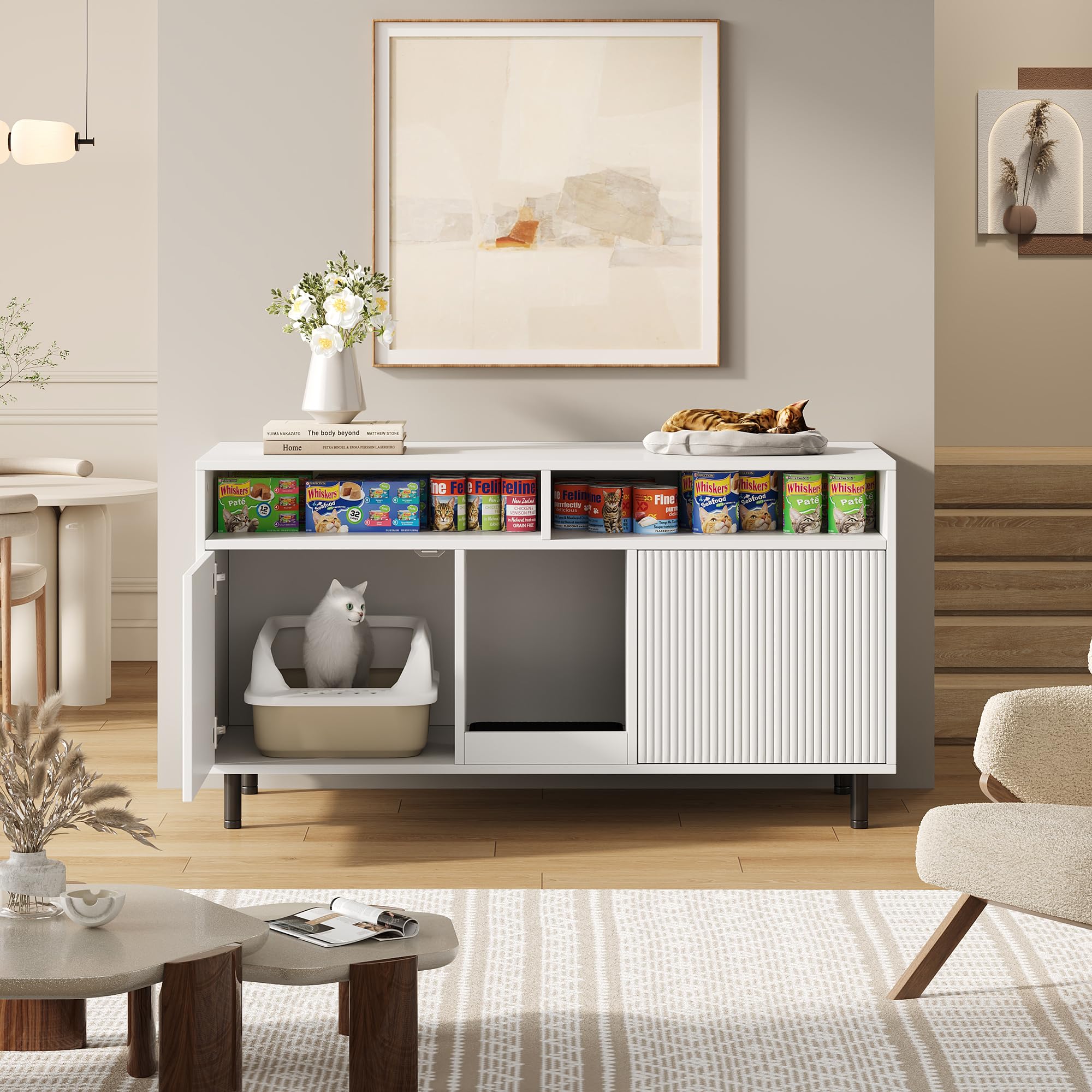 Katzentoiletten-Schrank/Katzenstreuwanne-Schrank mit Sandauffangmatte, Haustier-Schrank mit Ablage, Haustier-Sideboard/TV-Schrank, ohne Katzenstreuwanne, 120x50x66cm, Weiß