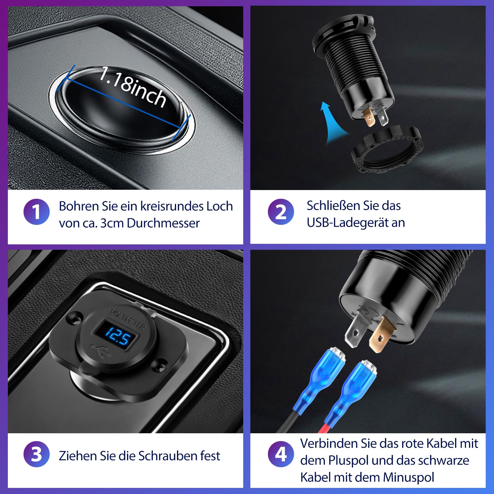 Daakro Gniazdo USB C 12 V, 78 W, 4 porty, aluminiowa ładowarka, moc, Dual PD 30 W i Dual QC 18 W, 12 V, podtynkowe USB z woltomierzem LED, zapalniczką samochodową, wtyczką do kampera, łodzi