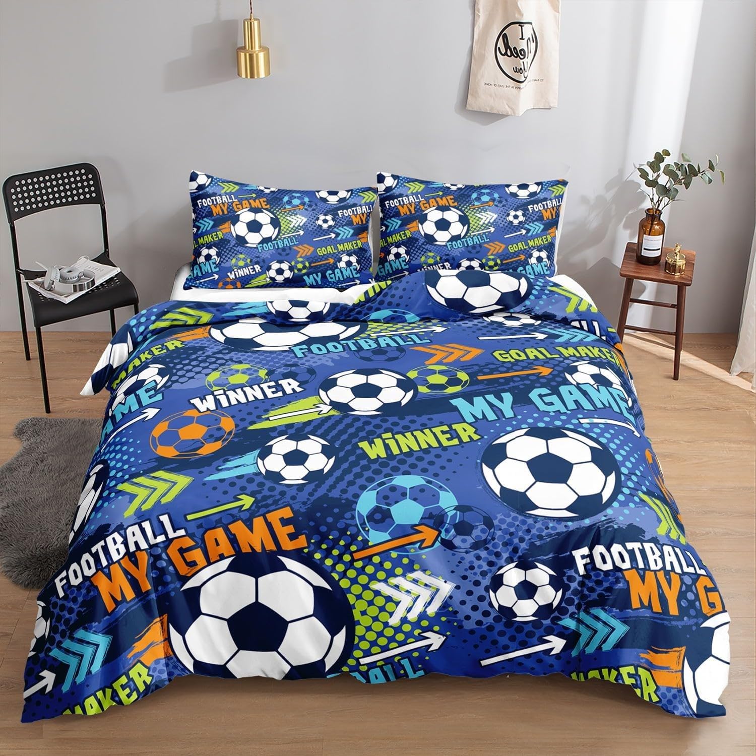 Housse de Couette 240x260 Football en microfibre avec ses deux taies d'oreiller bleu marine