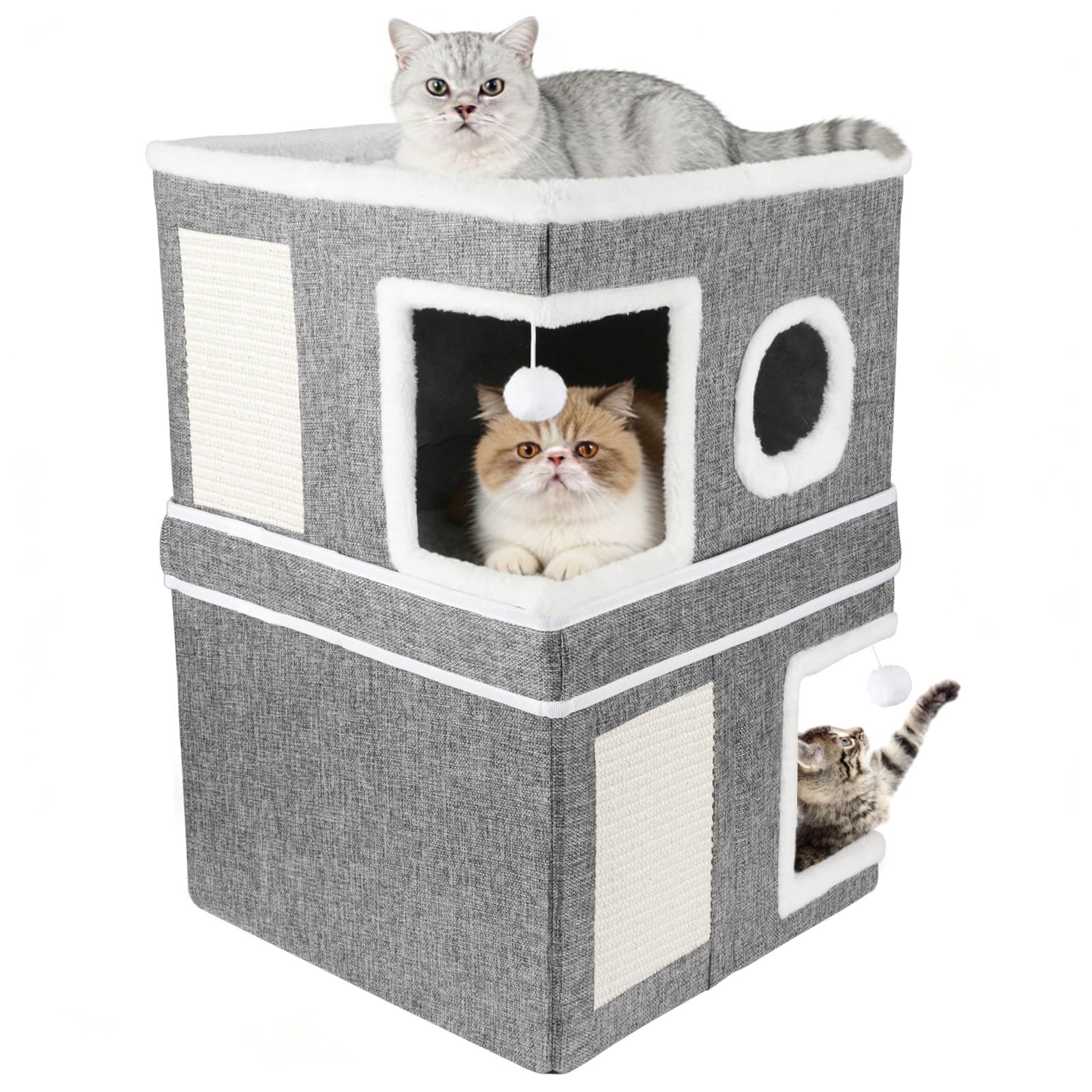 Katzenhöhle, Katzenbett, Faltbares Katzenhaus, Katzenhöhle 3 Schicht Würfel Großer Raum Katzenbett mit Kratzbrett und Spielball, 15.8L x 15.8B x 23.6H inches