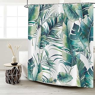 Tropical Shower Curtain, Summer Blue Green Palms Banana Leaf Hawaii Jungle Botanical Plants Bathroom Curtain Home Decor Waterproof Fabric Machine Washable with 12 Hooks, 72" L x 72" W