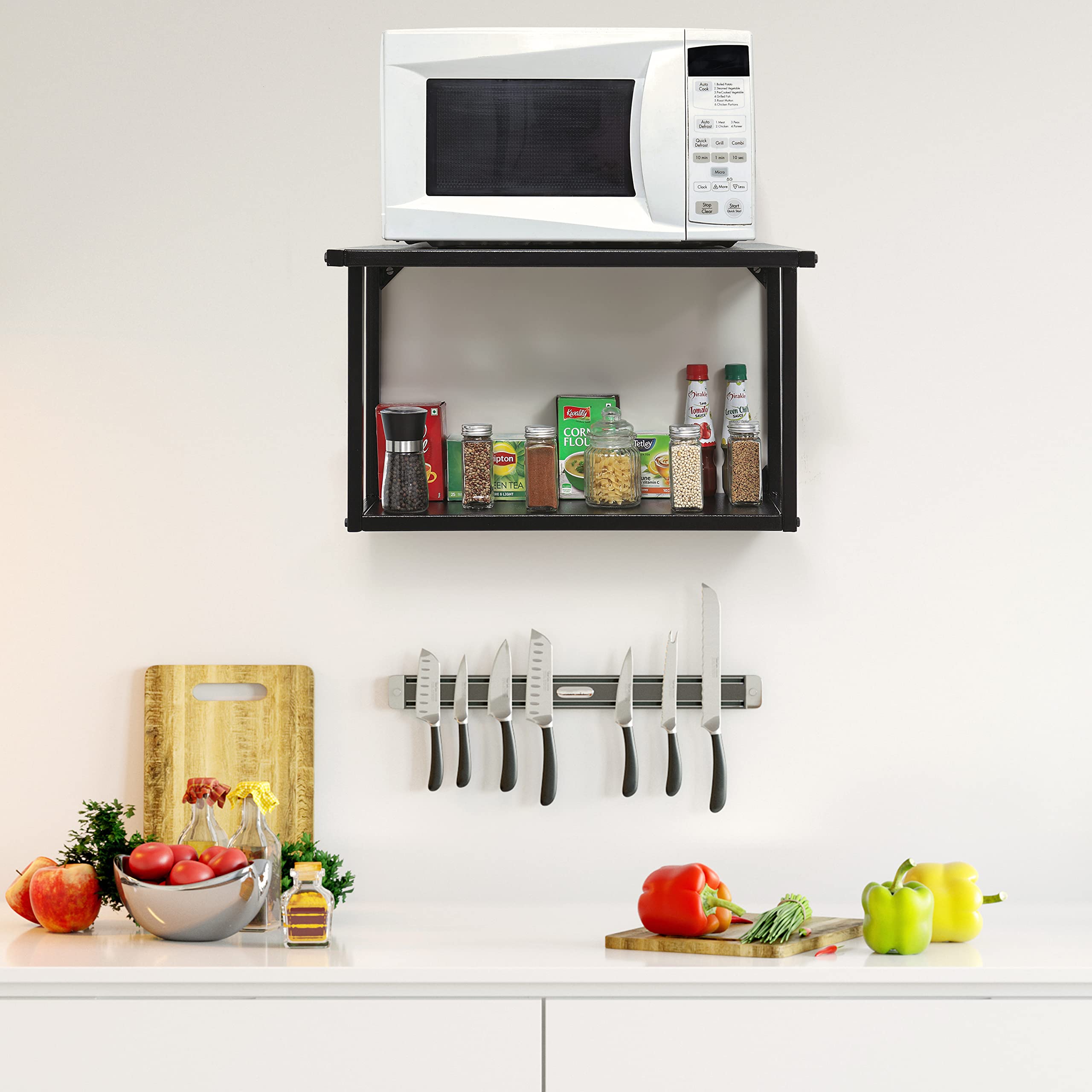 Livzing 2-Tier Microwave Oven Wall Mount Stand for Kitchen | Metal Holder Storage Rack | Wall Mount Microwave Oven Rack - Black