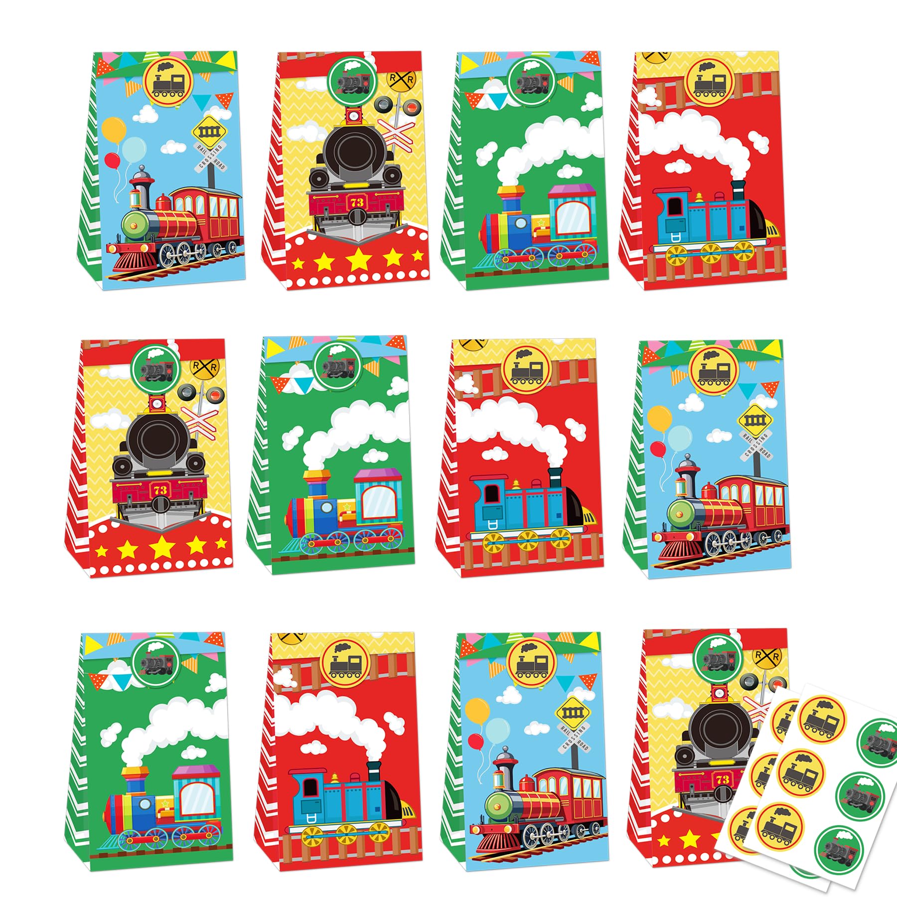 12 Pack Train Party Bags Train Gift Bags Candy Bags Goodie Bags Treat Bags for Train Party Supplies with 12 Stickers