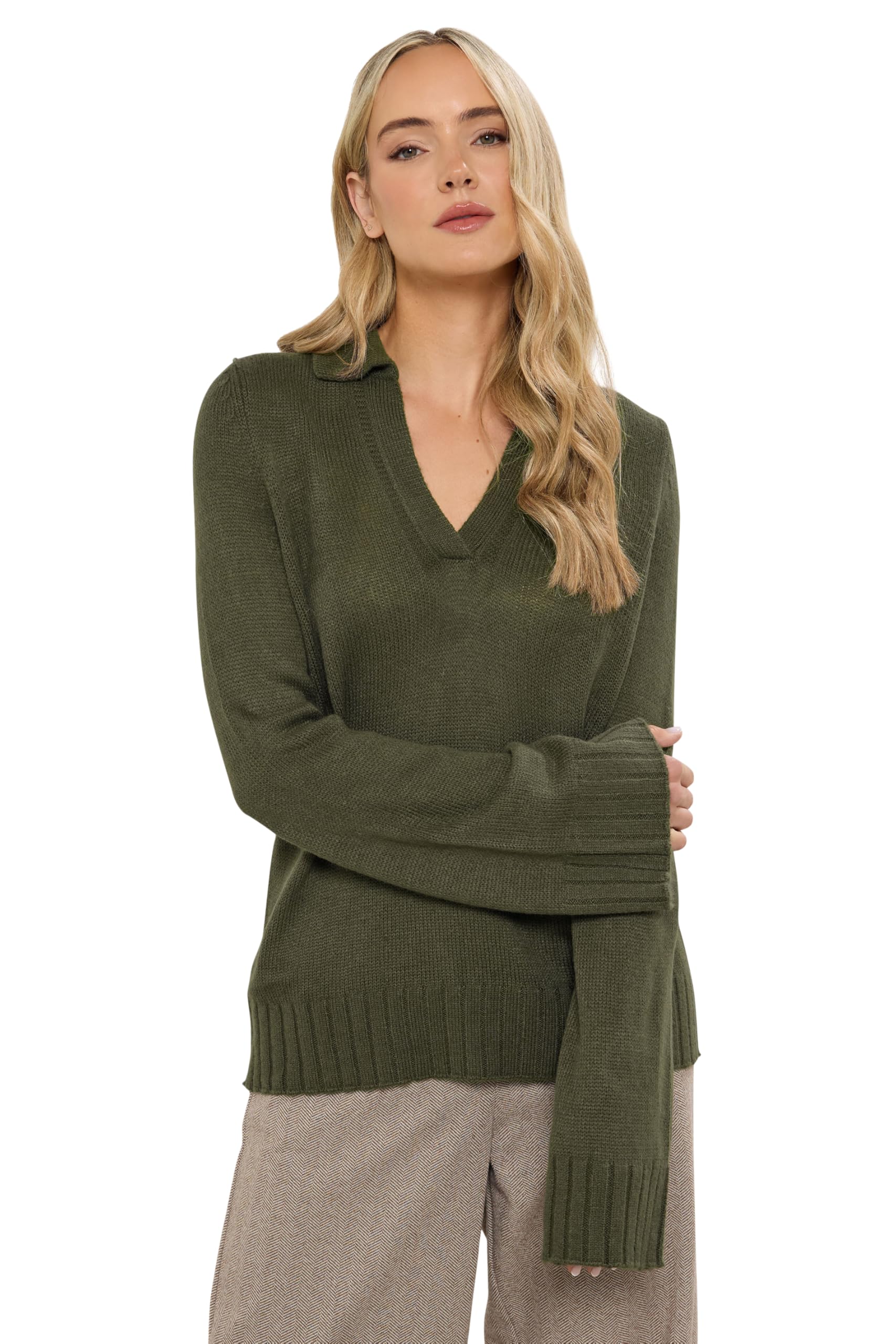 Long Tall Sally - LTS Tall Green Knitted Collared Jumper - Women's