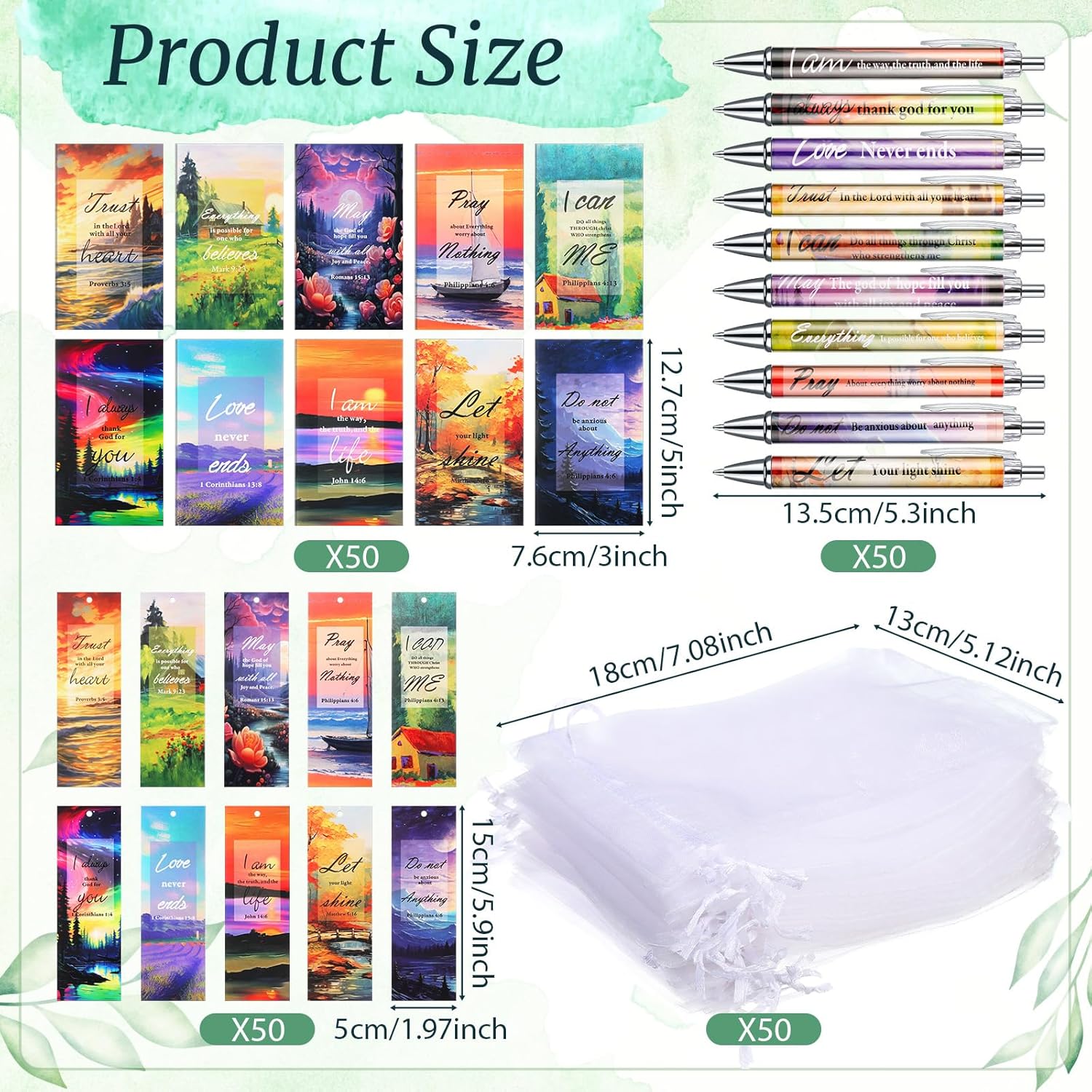 200 Pcs Christian Gifts for Women Christian Accessories Include 50 Bible Verses Notebooks 50 Church Bookmarks 50 Scripture Pens 50 Organza Bags for Church Motivational Gift(Scenery) - Image 3