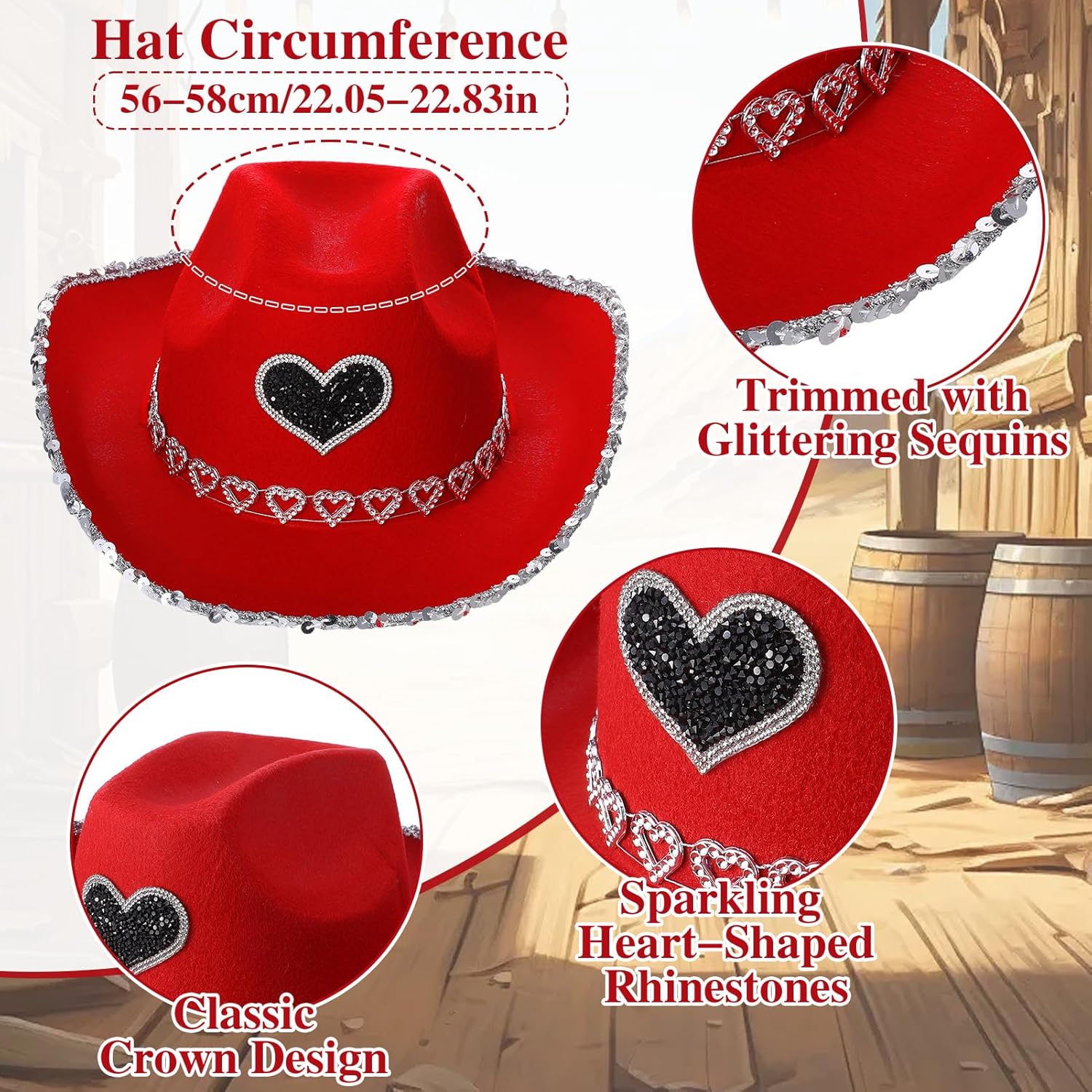 4 Pcs Rhinestone Cowboy Hat Set with Bandana Earring Heart-Shaped Sunglasses for Men Women Halloween Party Red - Image 3