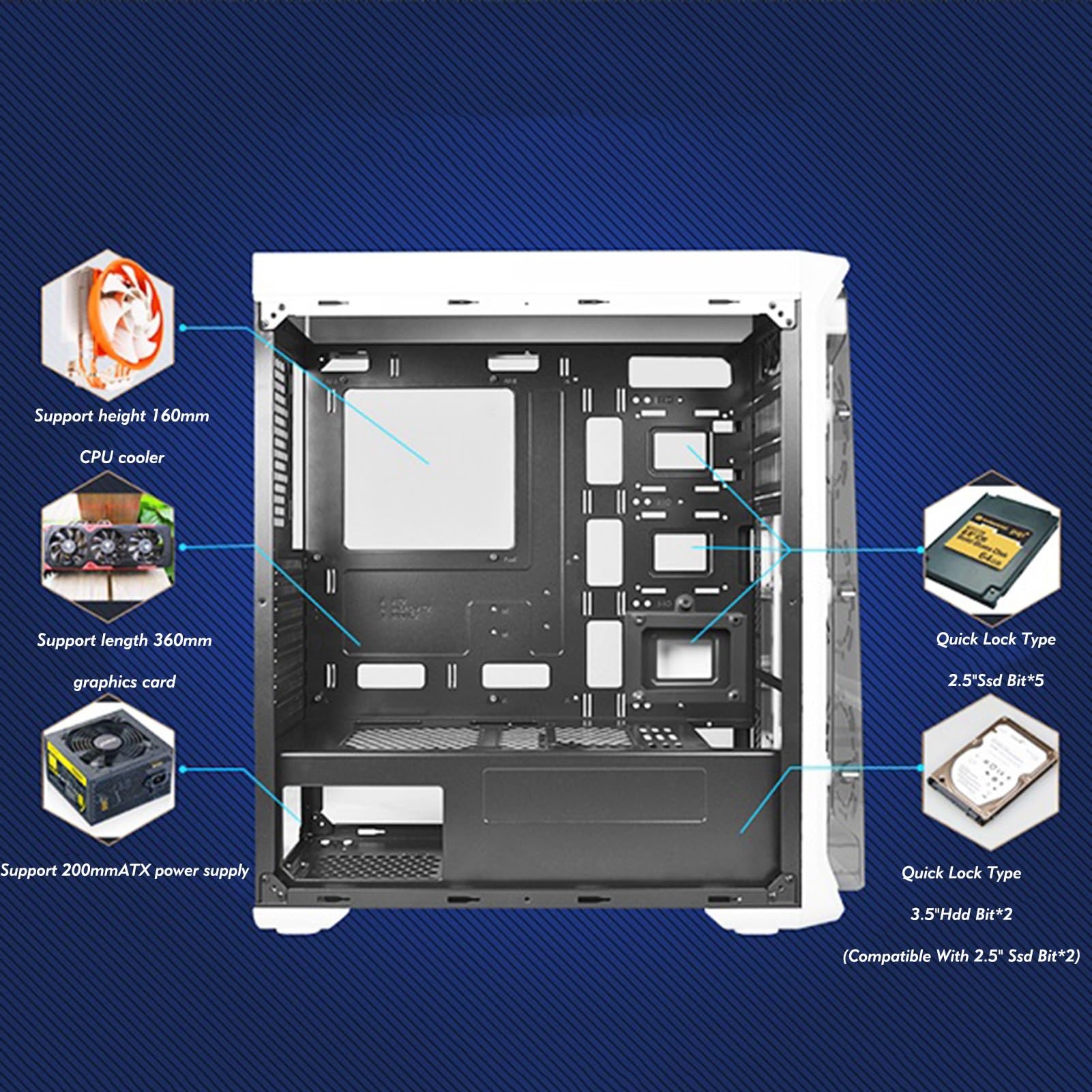 Obudowa do gier komputerowych, Obudowa Mid-Tower ATX/M-ATX/ITX, 8 wentylatorów, Obsługuje chłodzenie wodne, Dwustronny panel akrylowy, Górny panel I/O, USB3.0