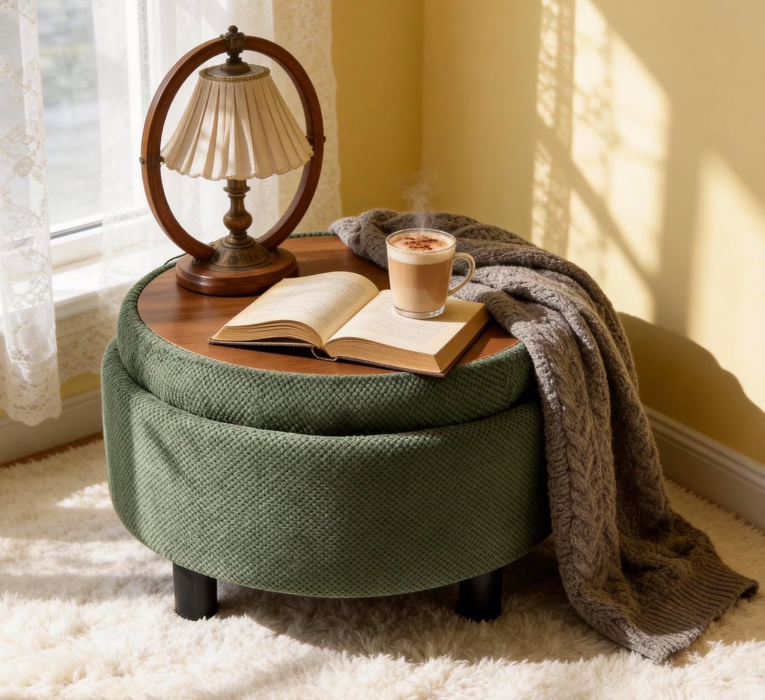 25'' Round Storage Ottoman with Reversible Tray Lid, Tufted Footrest Stool with Hidden Storage, Couch Side Table for Low Tea (Dark Grey)