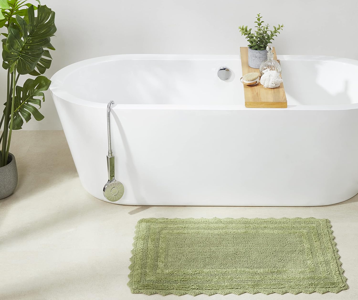 Better Trends Bathroom Rug Sets 3 Piece, 100% Cotton Tufted Machine Washable Bath Mats for Bathroom Floor, Tub and Shower, Reversible Soft & Absorbent Sage Crochet Design Lilly Collection