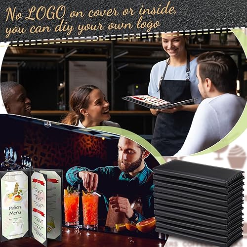 Miniatura 5 de Jexine Fundas negras de menú impermeables para restaurante, cafetería, bar, de piel sintética, libro de menú de 4 pliegues con esquinas en ángulo
