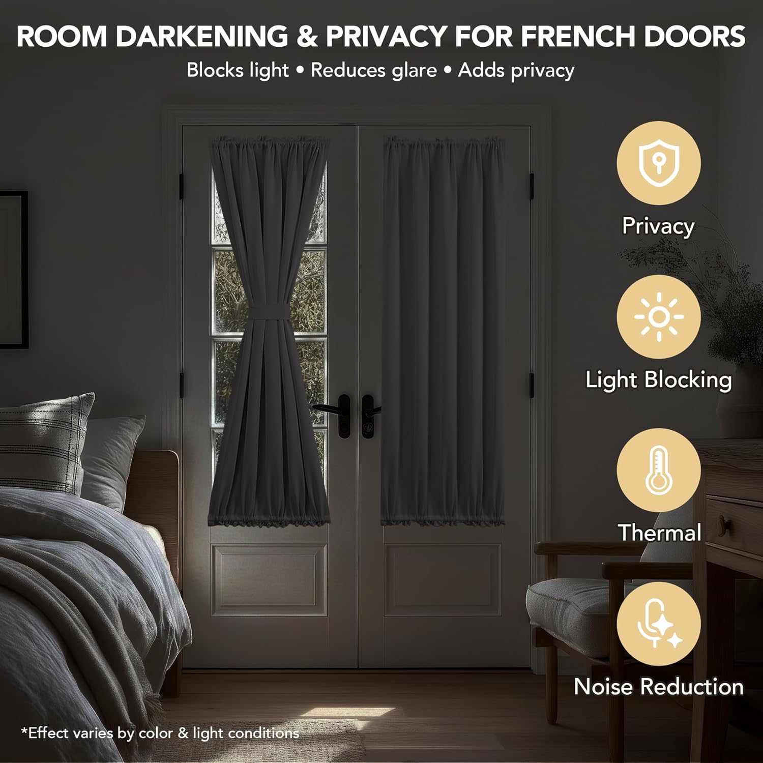 Deconovo Blackout Door Curtain for Glass Doors & Sidelights, Thermal Insulated Privacy Panel with Dual Rod Pockets & Adjustable Tieback, Machine‑Washable Curtain (36W x 40L, Silver Grey, 1 Panel)