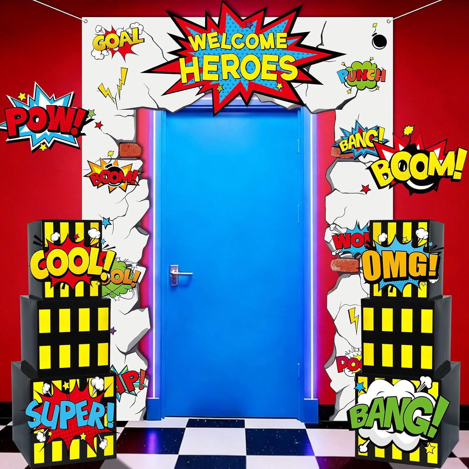 Hero Party Door Banner Boxes Super Theme Party Decoration Hero Birthday Porch Backdrop Super Theme Centerpieces Boxes Cards Welcome Heroes Porch Signs for Baby Shower Photo Booth Prop Parties Supplies