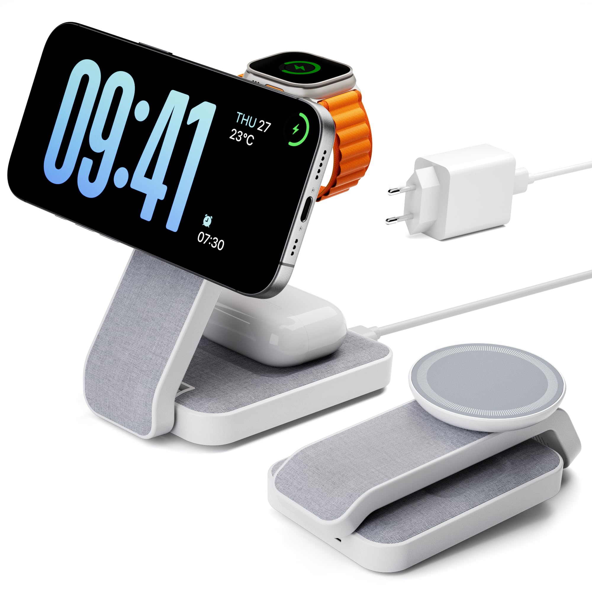 Eazpower Magsafe Ladestation für Apple Watch und iPhone 3 In 1 Faltbar, iPhone Ladestation Magsafe Ladegerät Charging Station für iPhone 17 16 15 14 13 12 Pro Max - Elfenbeinweiß