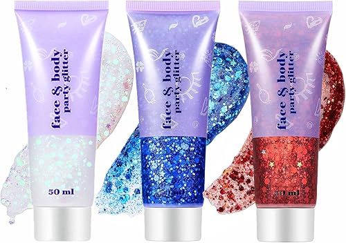 Go Ho Juego de purpurina corporal roja, blanca y azul, trajes del 4 de julio para mujer, maquillaje reflectante con purpurina, gel de purpurina
