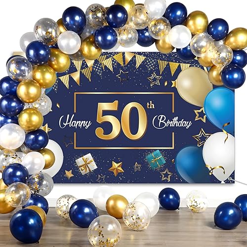 Tegeme Decoraciones de fiesta de cumpleaños número 50, color azul marino y dorado, telón de fondo de fotografía de cumpleaños 50, pancarta de