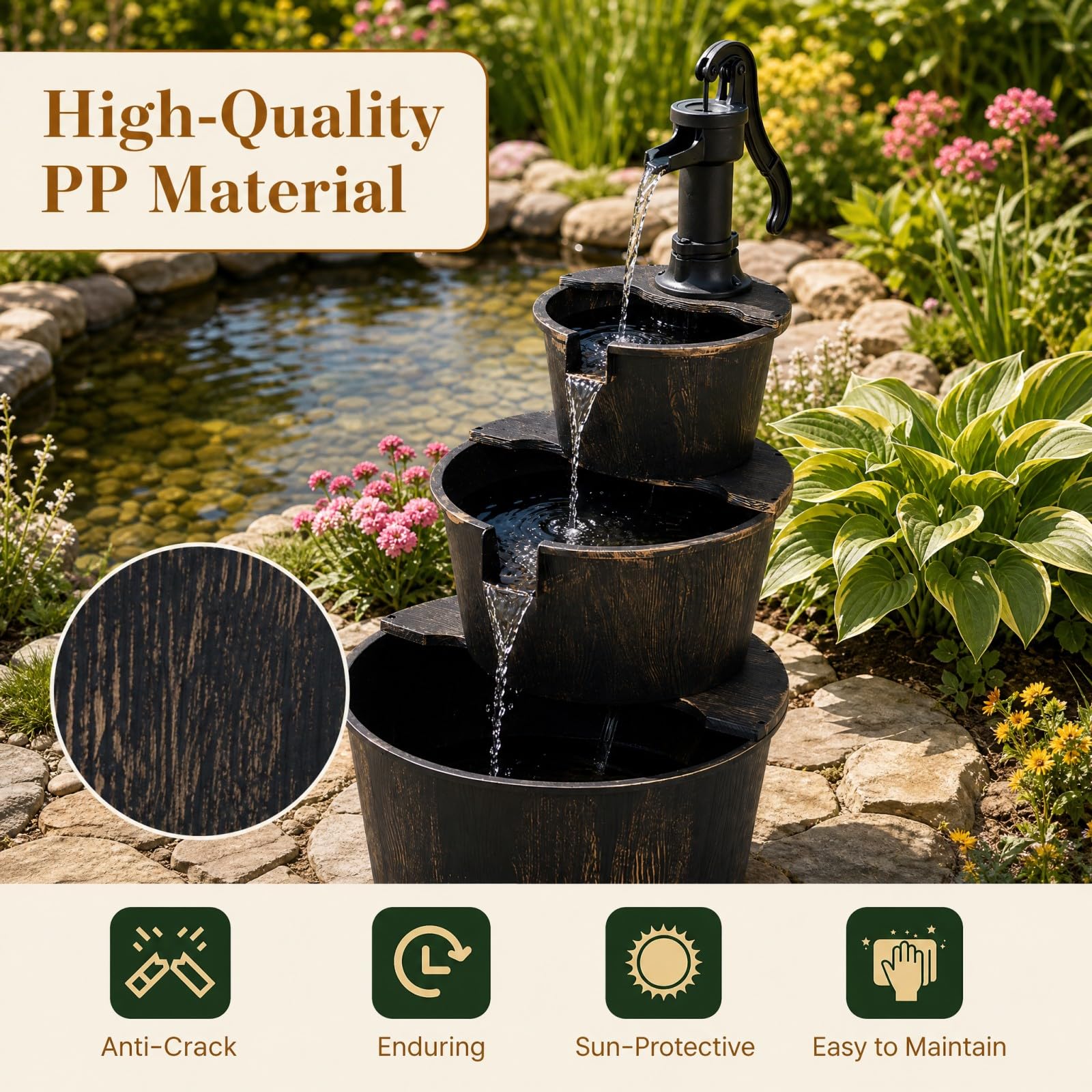 HOMASIS Fontana Decorativa da Giardino a 3 Livelli con Pompa Silenziosa | Fontanella a Cascata da Esterno in Stile Rustico con Velocità Regolabile per Balcone e Terrazza, Bronzo Antico, 52x60x92,5 cm