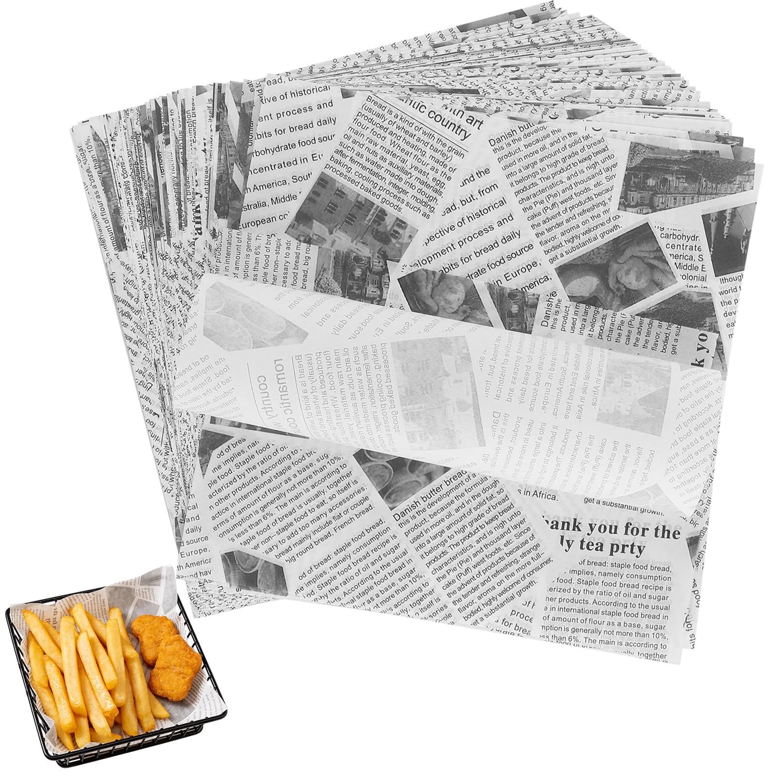 DAJAVE 500 Pcs Greaseproof Paper Sheets for Food, Fish and Chip Paper Sheets Newspaper Style Wax Papers Sheet Food Wrapping Papers Sheets for Sandwich Fries Hamburgers