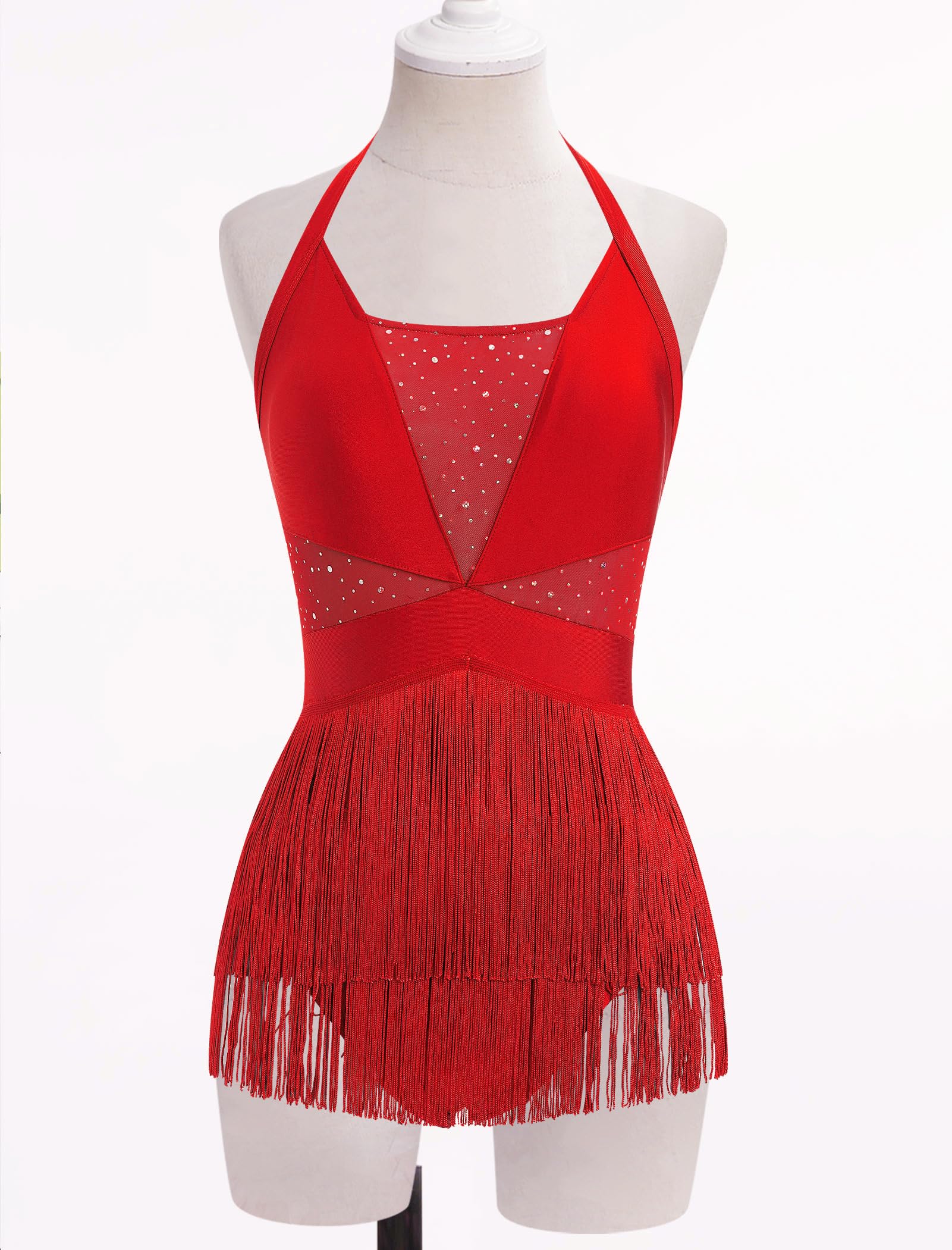 Costume da ballo latino da donna con paillettes e frange, body scintillante con nappe, body da danza con allacciatura al collo, tango, salsa, jazz, acrobatica