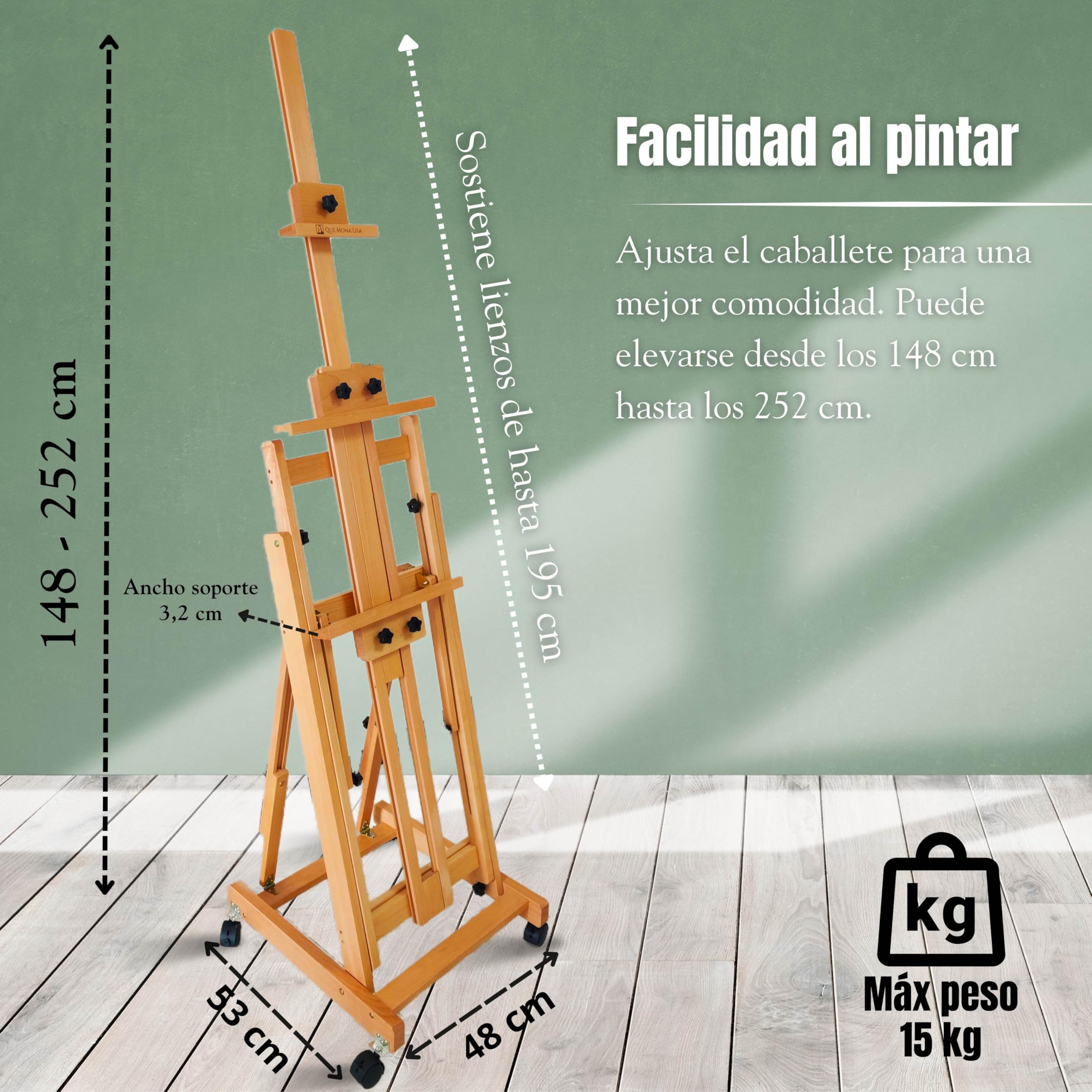 Caballete plegable profesional RENOIR, Altura Ajustable para lienzos grandes, Soporta 2 canvas a la vez, Caballete de Madera de Haya para Pintar, Atril grande pintura Fácil de Montar