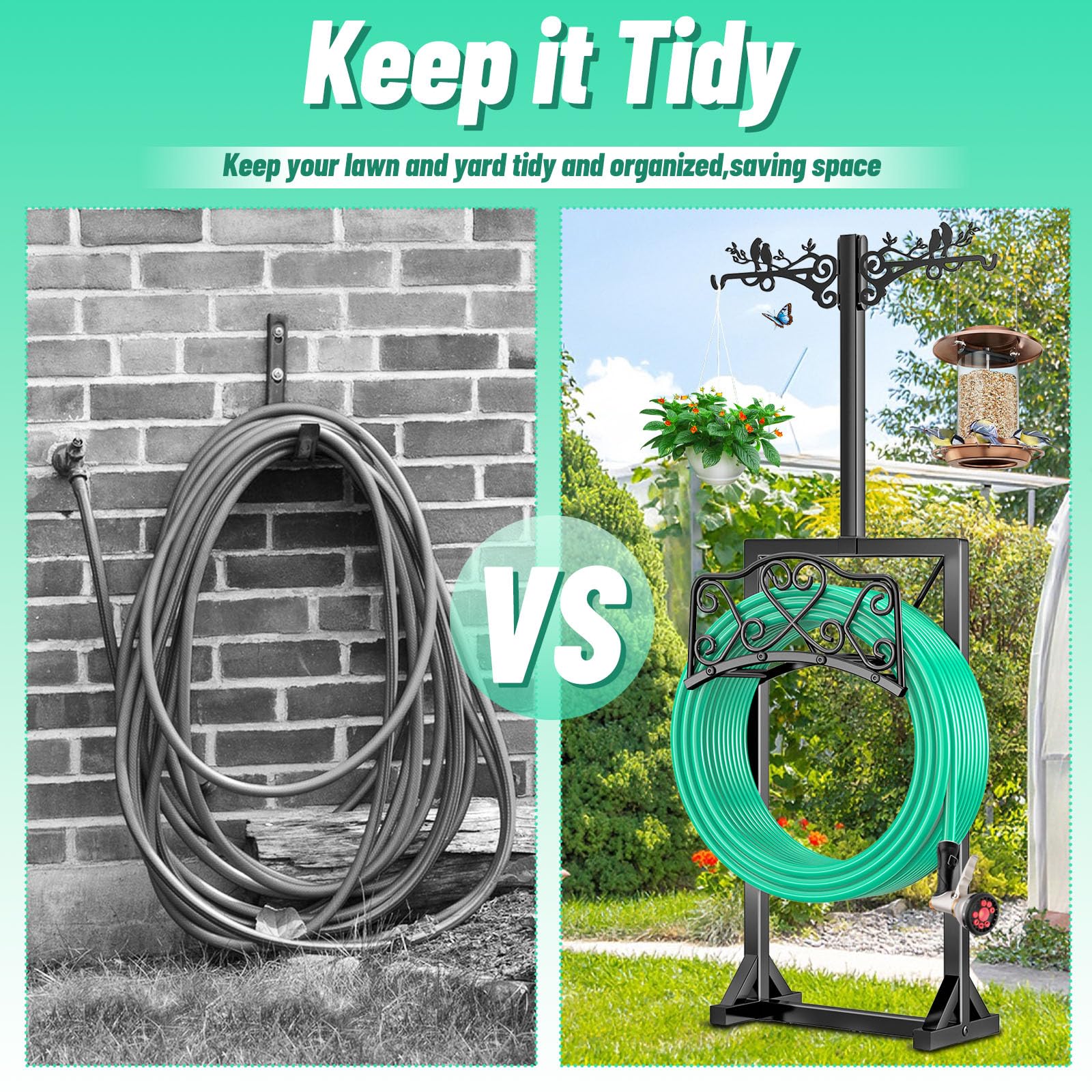 160CM Gartenschlauchhalter Freistehend mit 2 Vogelstatuen Haken | Wasserschlauchhalter Mit 5 Spikes,hält 45 m Schlauch,Abnehmbarer Schlauchständer,Schwarz Für Außenbereich Hof Rasenplatz