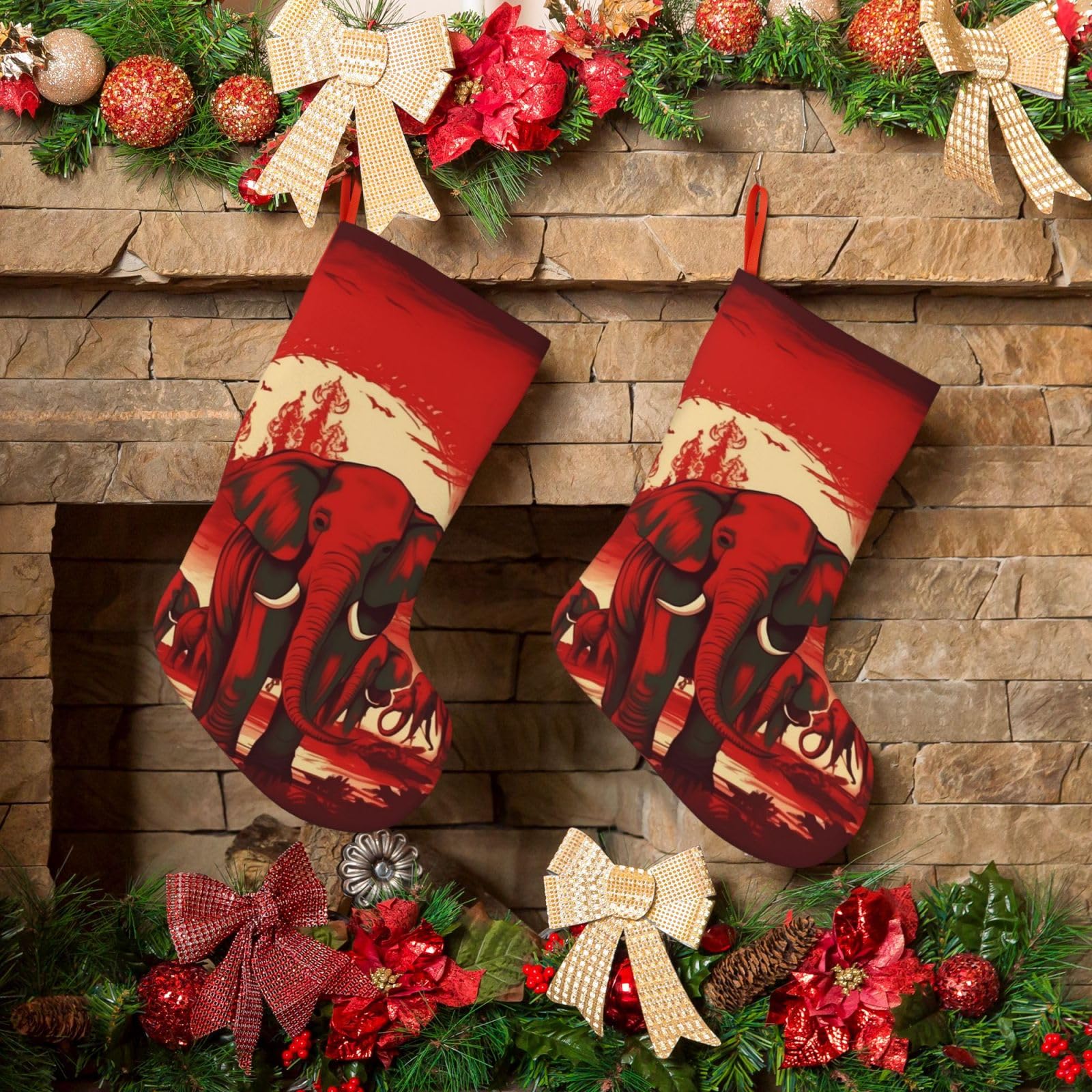 Fodpand Boys Black Elephants Red Christmas Stockings Hanging Ornaments For Holiday Decor, 18 Inches Velvet Fireplace Hanging Xmas Stocking, Candy Gift Bags For Christmas Decorations