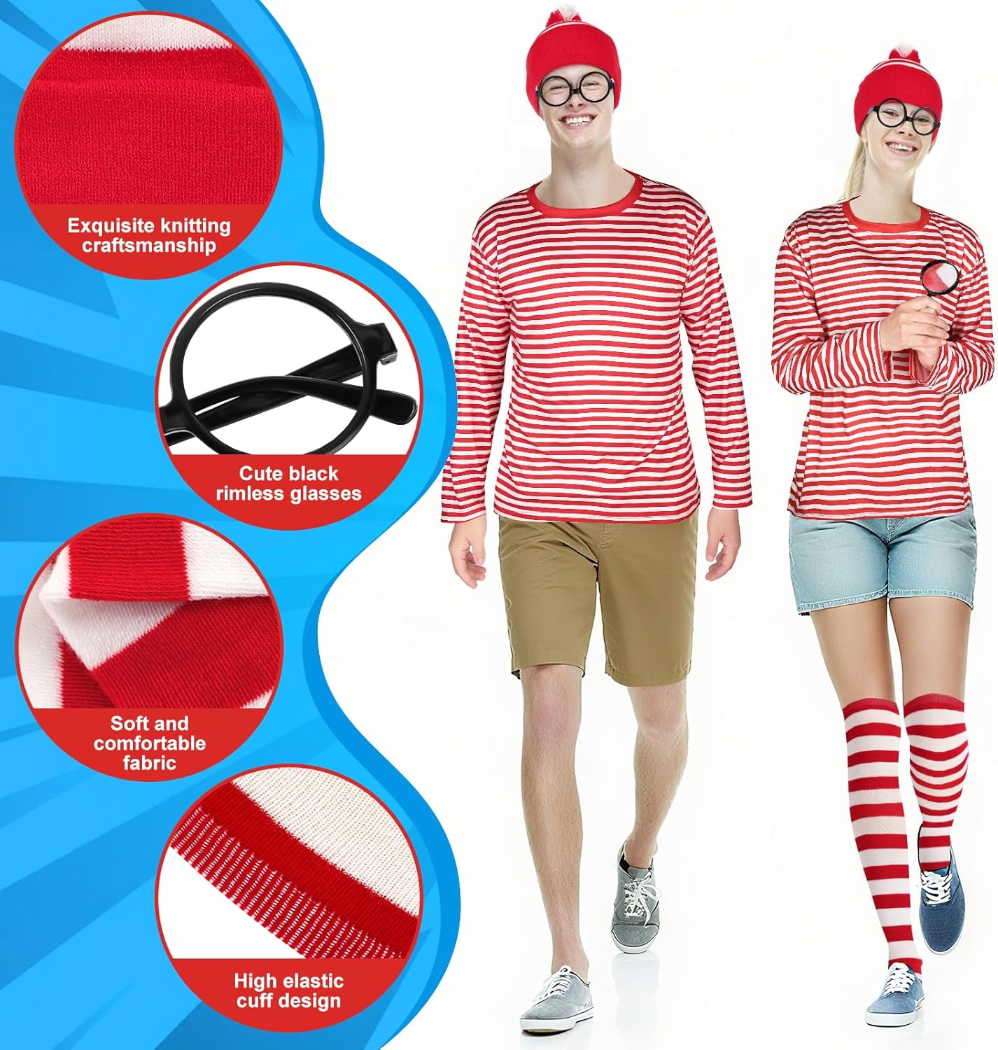 MJOGGOTT 9 Pcs Funny Halloween Couples Costumes including Men Women's Halloween Costumes Sweatshirt Red and White Striped Shirt Glasses Hat Sock Magnifier for Couple Halloween Cosplay Party - Image 4