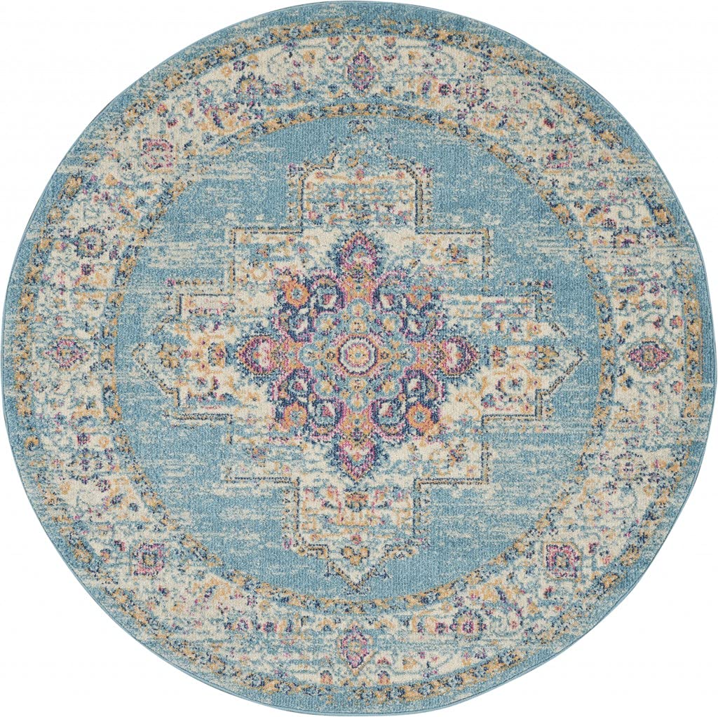 4 ft. Round Light Blue Distressed Medallion Area Rug
