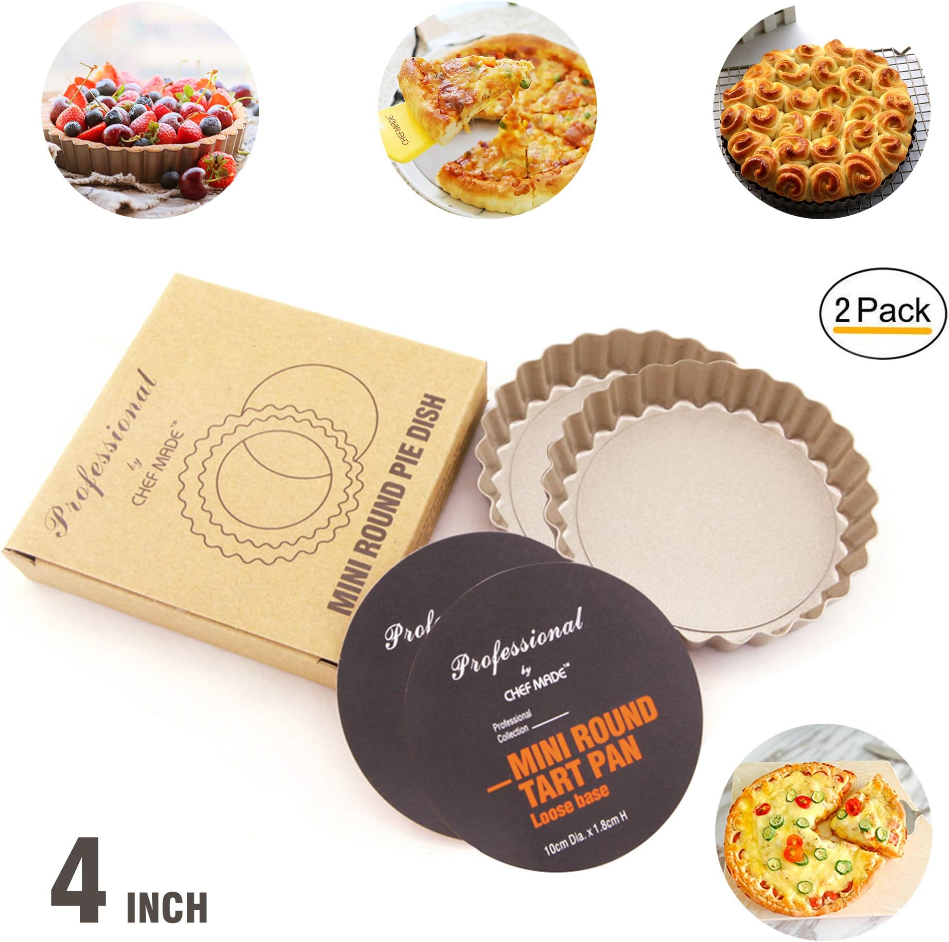 4-inch Mini Round Quiche Pan Set, Ottsuls Non-Stick Carbon Steel Tart Pan with Removable Loose Bottom, FDA Approved for Oven Baking (2-Pack)