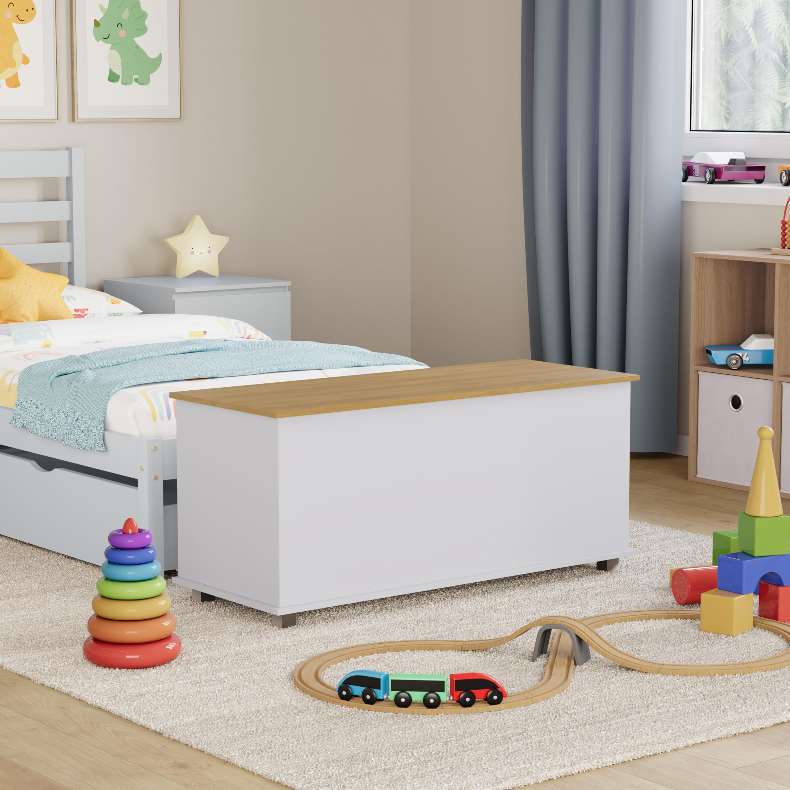 Vida Designs Arlington - Caja de Juguetes de Madera en Color Blanco, 100 x 40 x 48 cm, otomana de Almacenamiento con Tapa elevable, Ideal para Juguetes, Ropa de Cama y reposapiés
