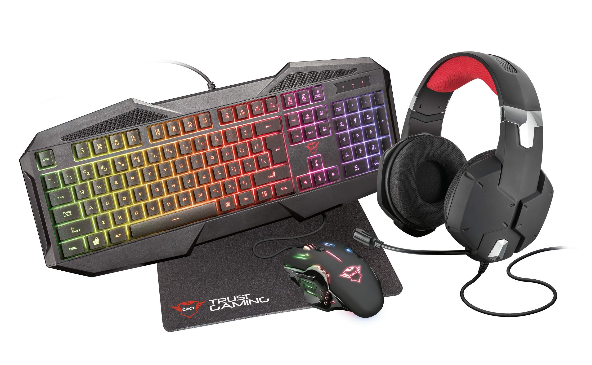 Trust Gaming GXT 1182RW - Paquete Gaming 4 en 1 (Auriculares, Alfombrilla, Teclado y ratón con iluminación) Color Negro